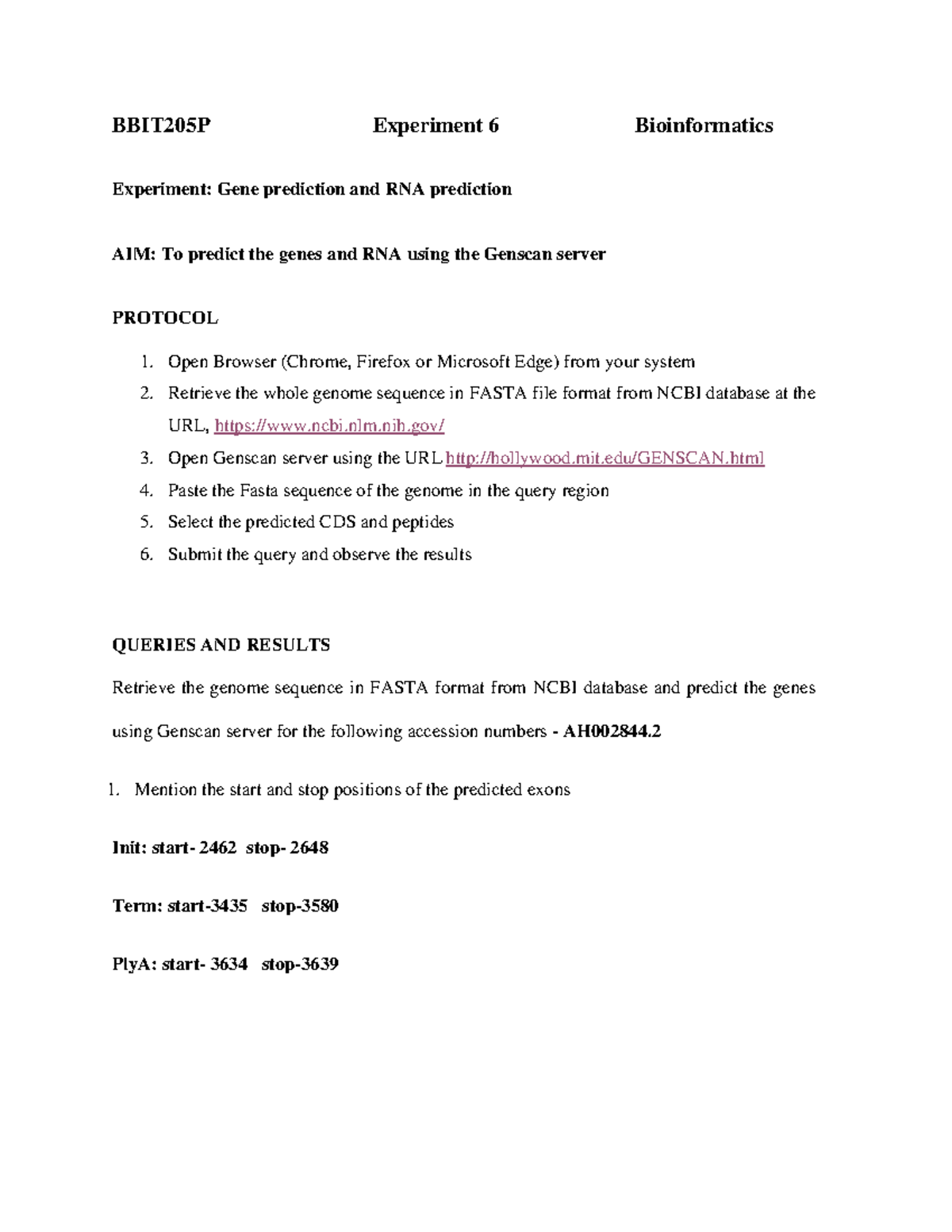 BBIT205P Final Lab Report: Gene & RNA Prediction Using Genscan - Studocu
