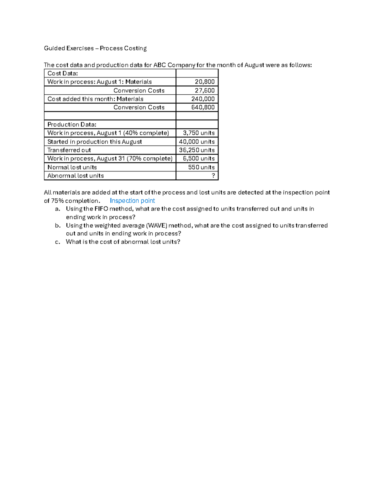 Guided Exercises: Process Costing Analysis for ABC Company - Studocu