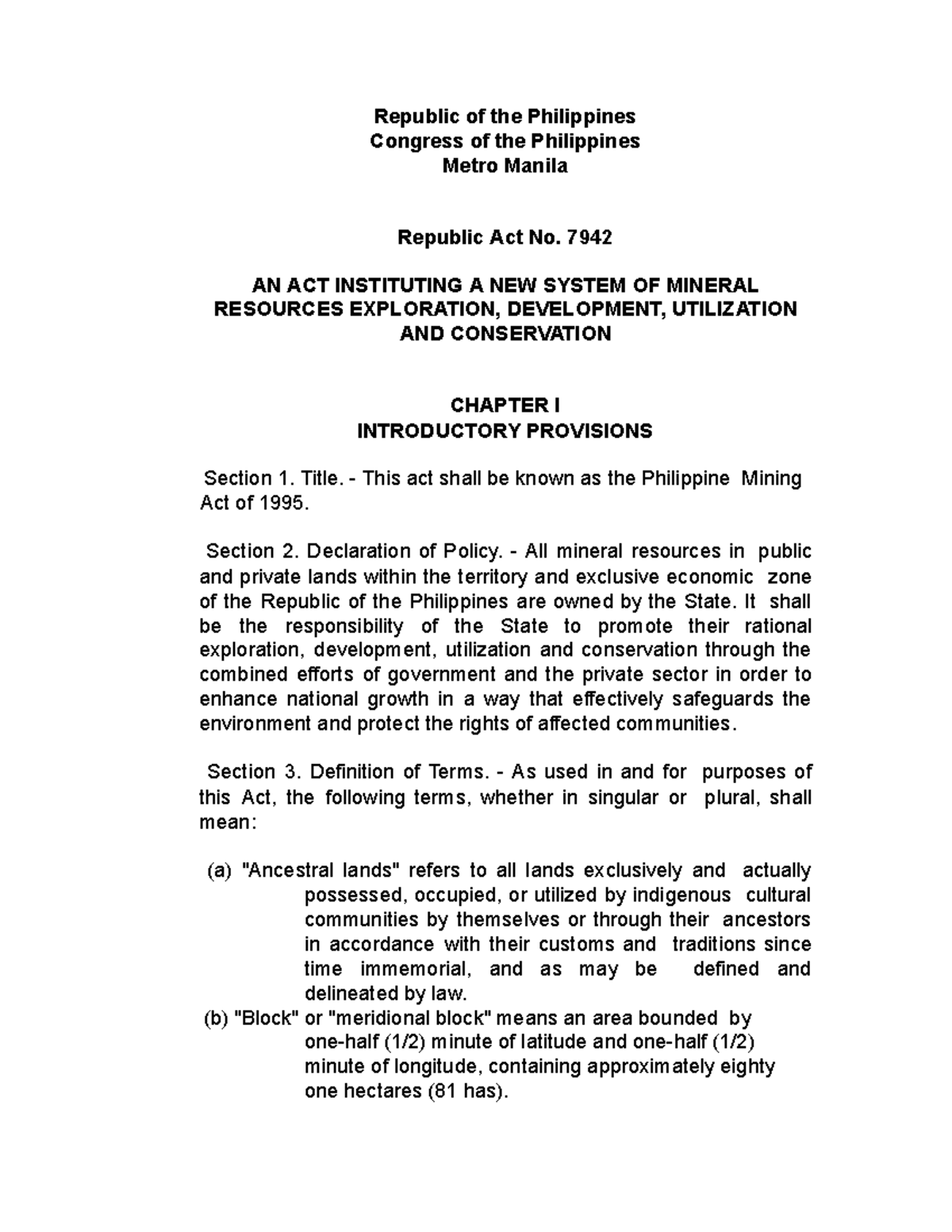Lecture-Notes-1.-Philippine-Mining-Act-RA-7942 - Republic of the ...