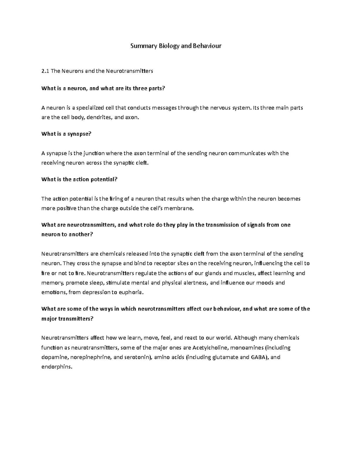 BIO 101 Chapter 2 Summary: Biology and Behaviour Insights - Studocu