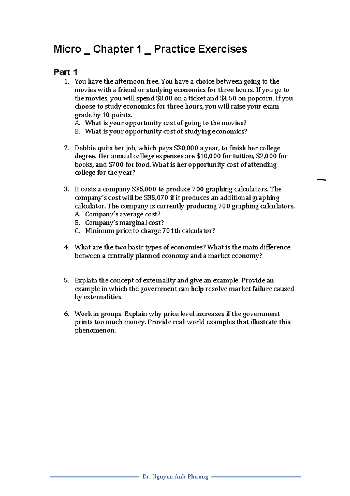 Micro Econ Chapter 1 - Practice Exercises on Opportunity Costs - Studocu