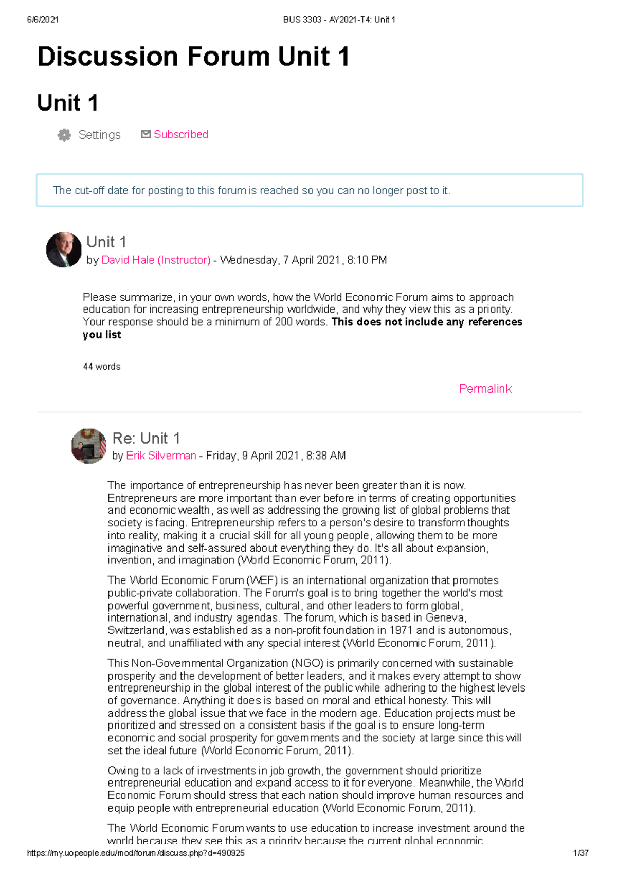 Discussion Forum Unit 1: World Economic Forum on Entrepreneurial ...