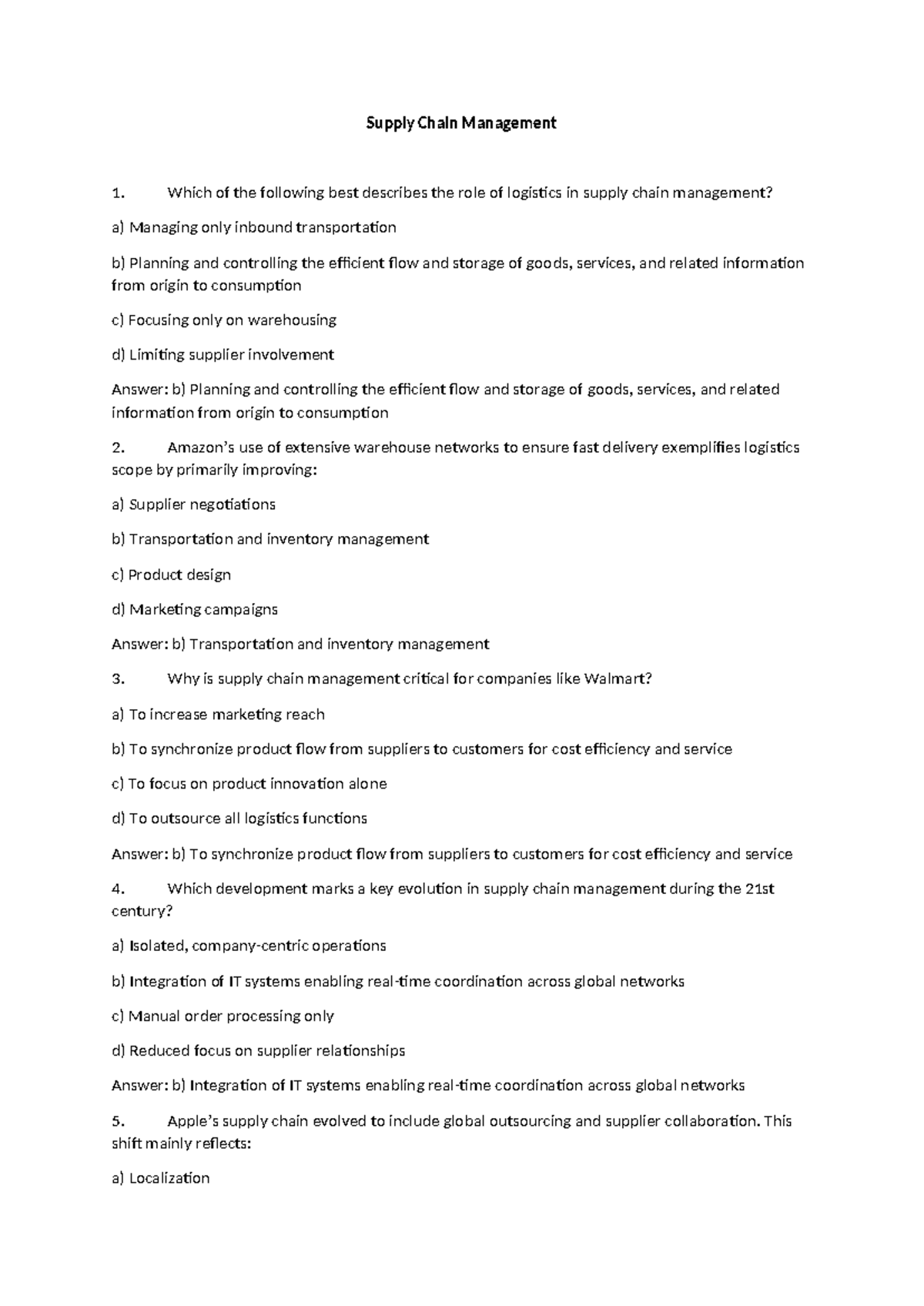 Supply Chain Management 1: Multiple Choice Questions and Answers - Studocu