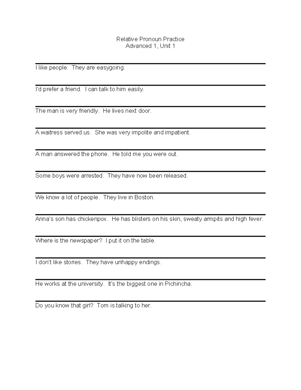 Unit 1 Relative Pronoun Practice 2 - Relative Pronoun Practice Advanced ...