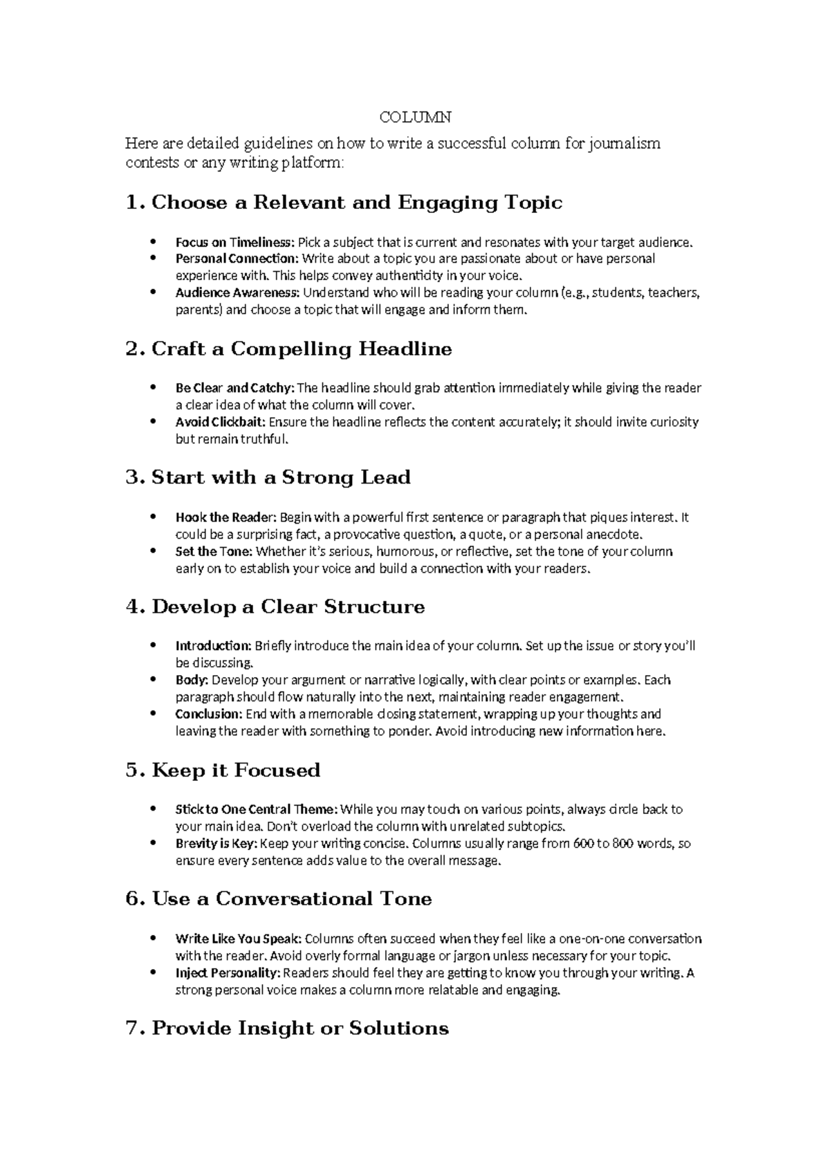 Guidelines for Writing an Engaging Column in Journalism - Studocu