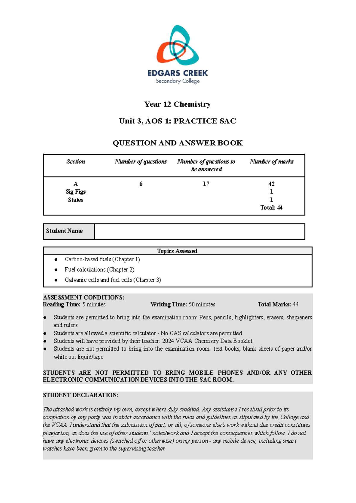 2026 Practice SAC - Year 12 Chemistry Unit 3 AOS 1 Questions & Answers ...