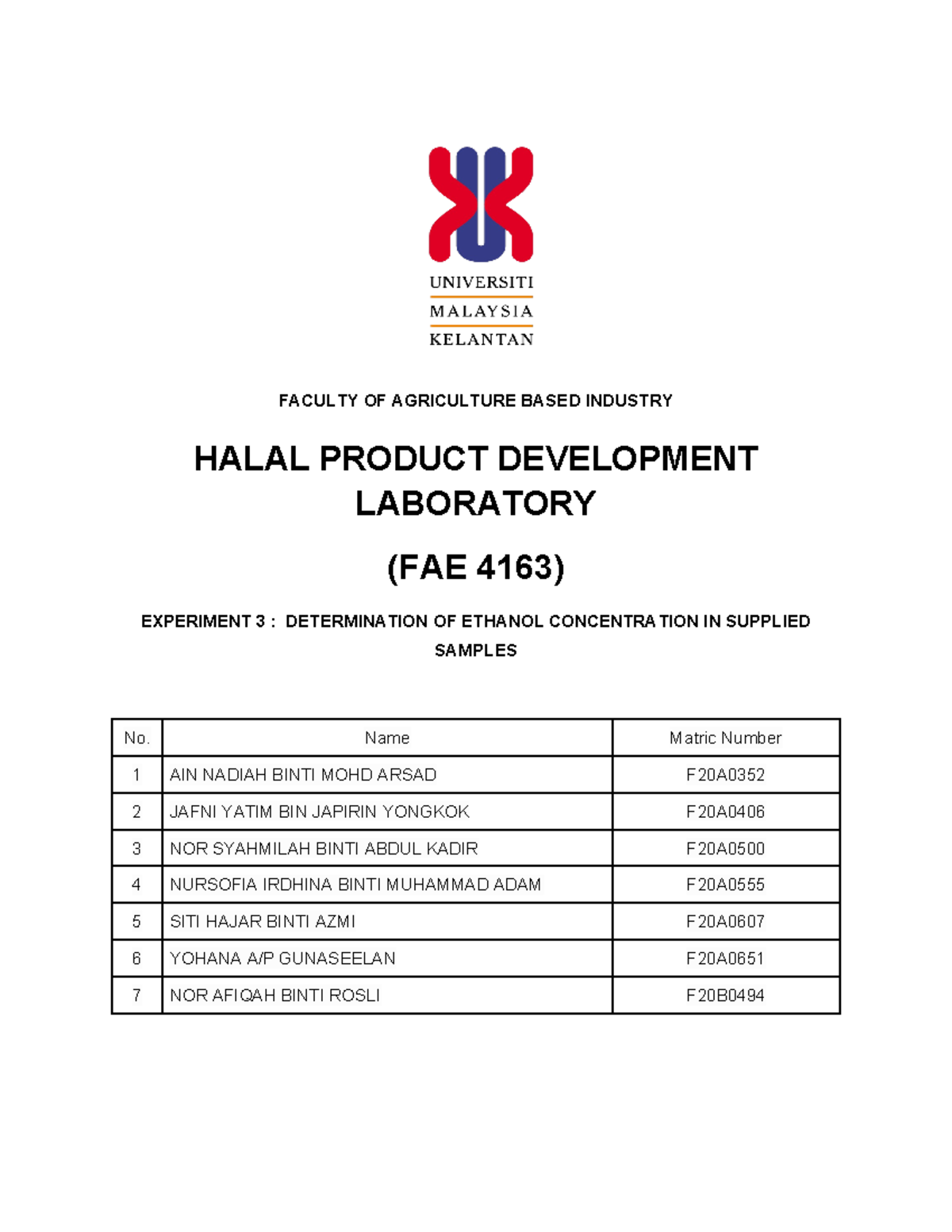 LAB Report FAE 4163: Ethanol Concentration Analysis in Halal Products ...