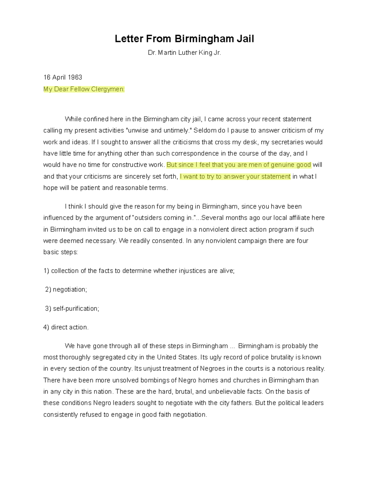 Letter from Birmingham Jail: Dr. Martin Luther King Jr. Insights - Studocu