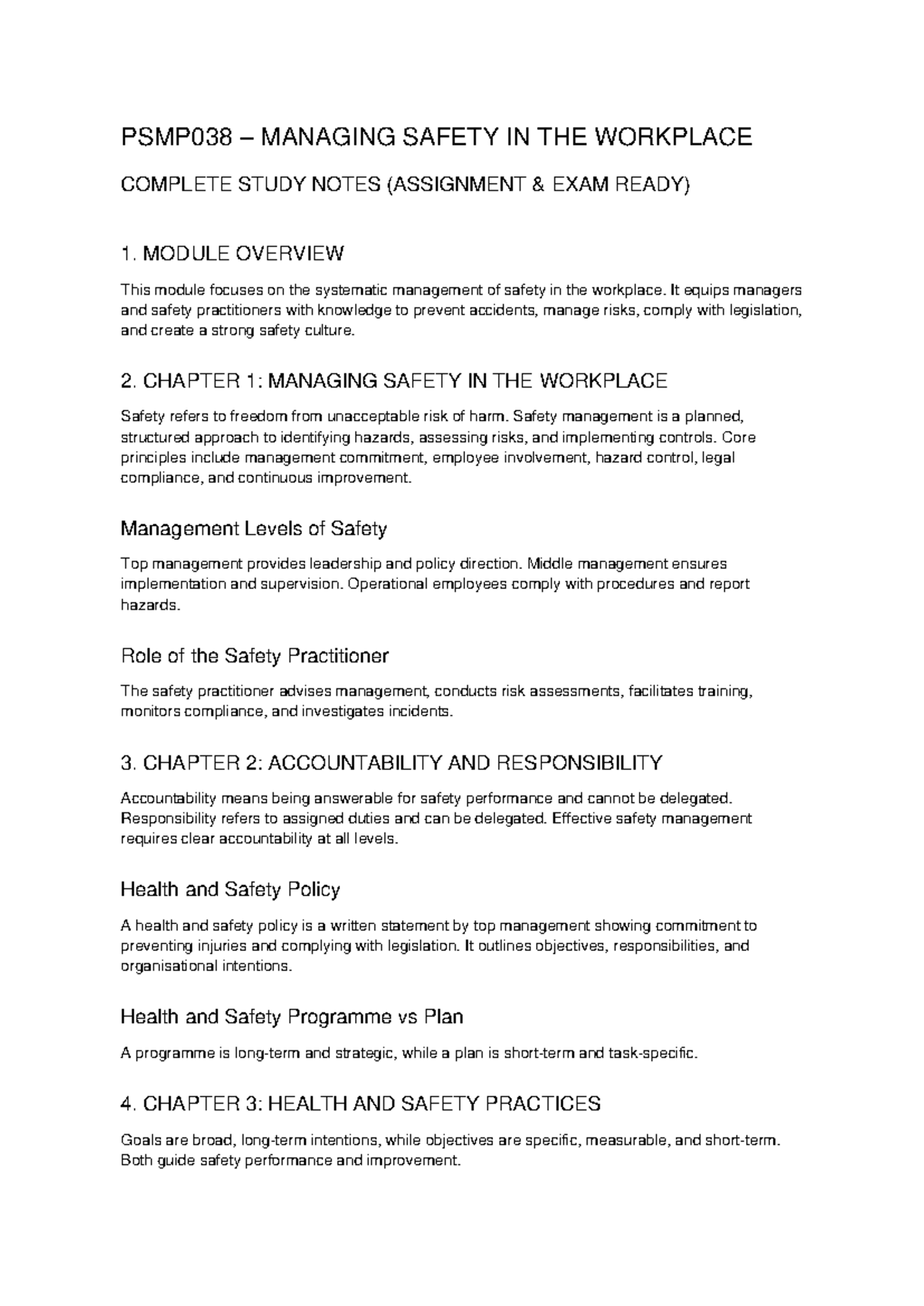 PSMP038 Managing Safety in the Workplace: Exam-Ready Study Notes - Studocu