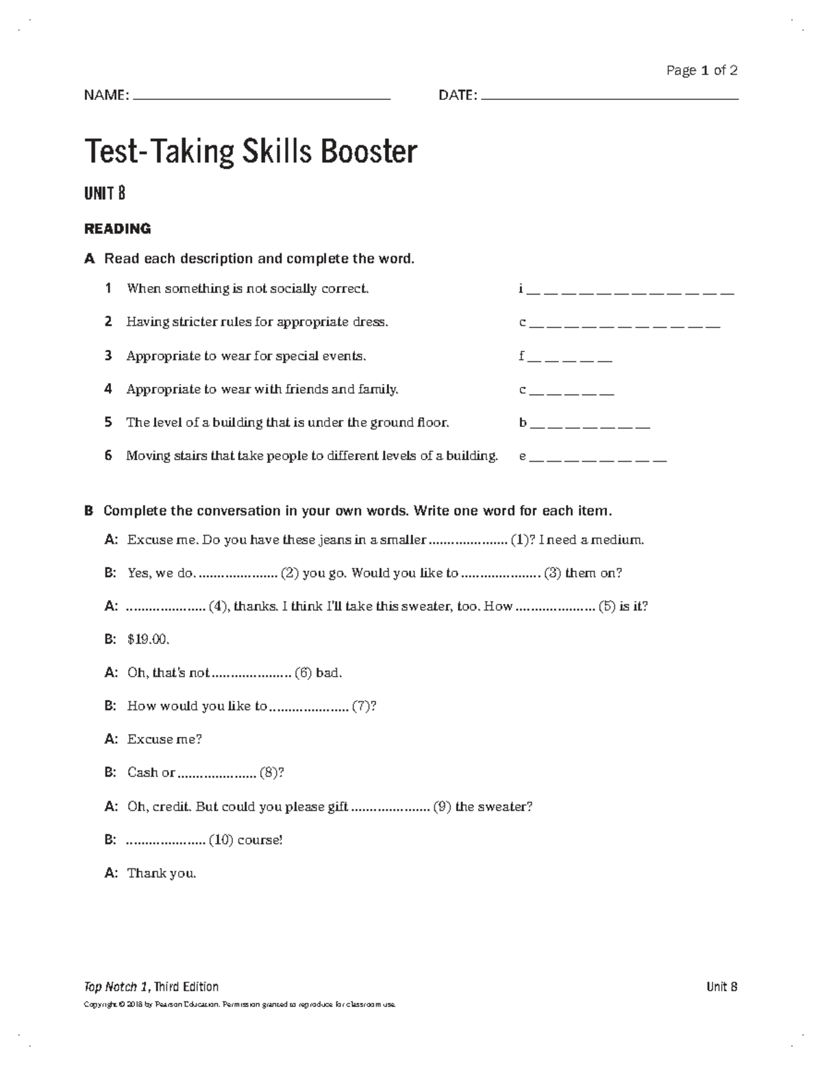 TN1 TTS Booster Unit 8 Reading Skills Practice and Exercises - Studocu