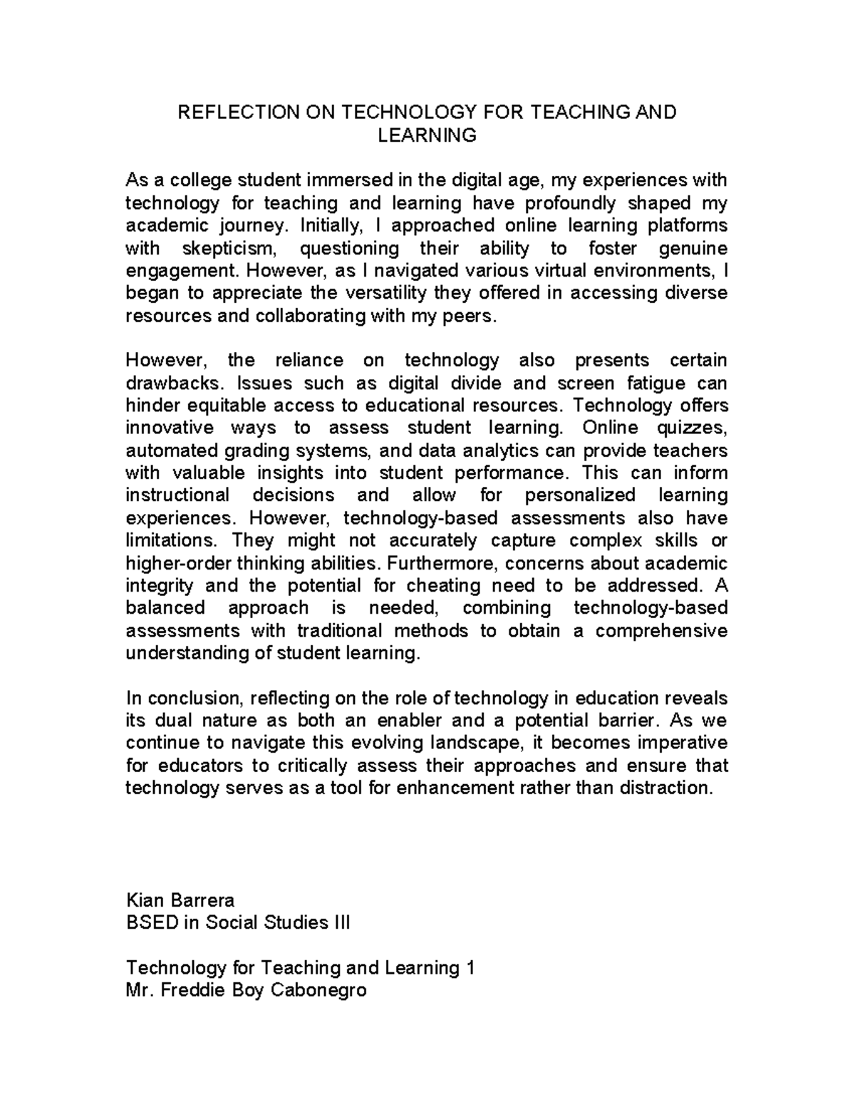 Reflection ON Technology FOR Teaching AND Learning - REFLECTION ON ...
