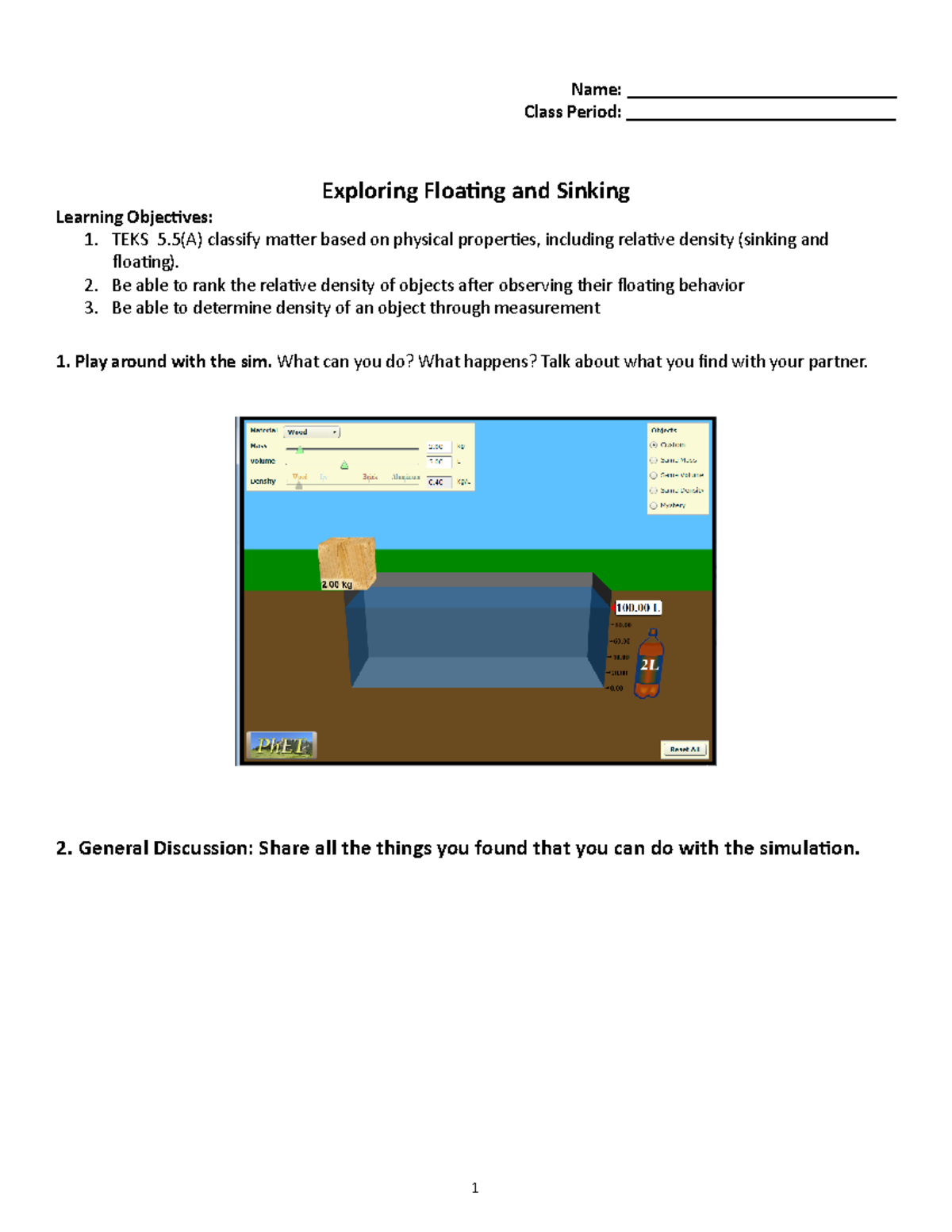 Exploring Floating and Sinking Lab Sheet - TEKS 5.5(A) Activities - Studocu