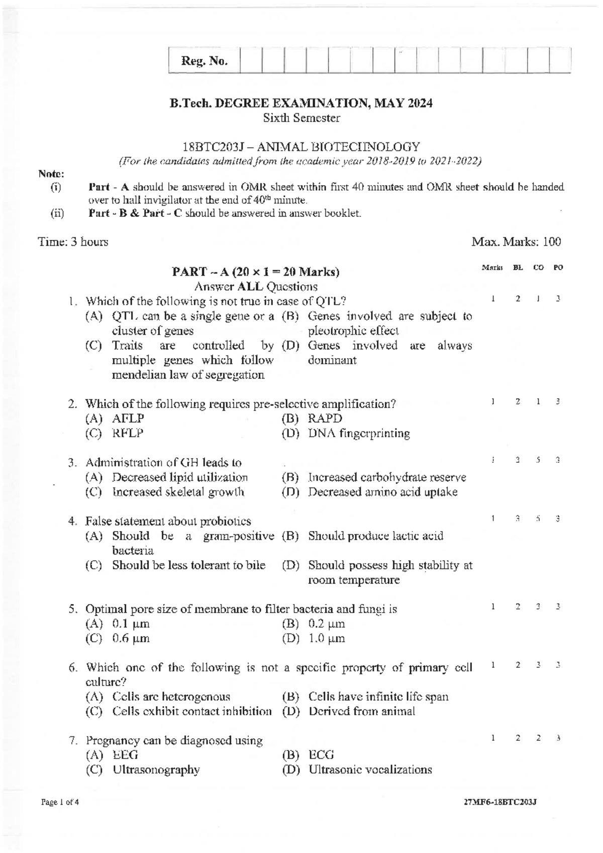 ABT 3 - ANIMAL BIOTECHNOLOGY PREVIOUS YEAR QUESTION PAPER, MAY 2024 ...