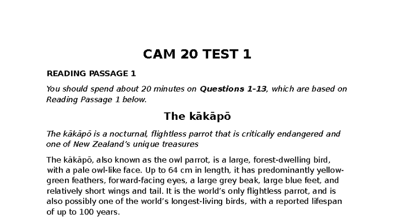 CAM 20 TEST 1 READING PASSAGE ANALYSIS AND QUESTIONS - Studocu