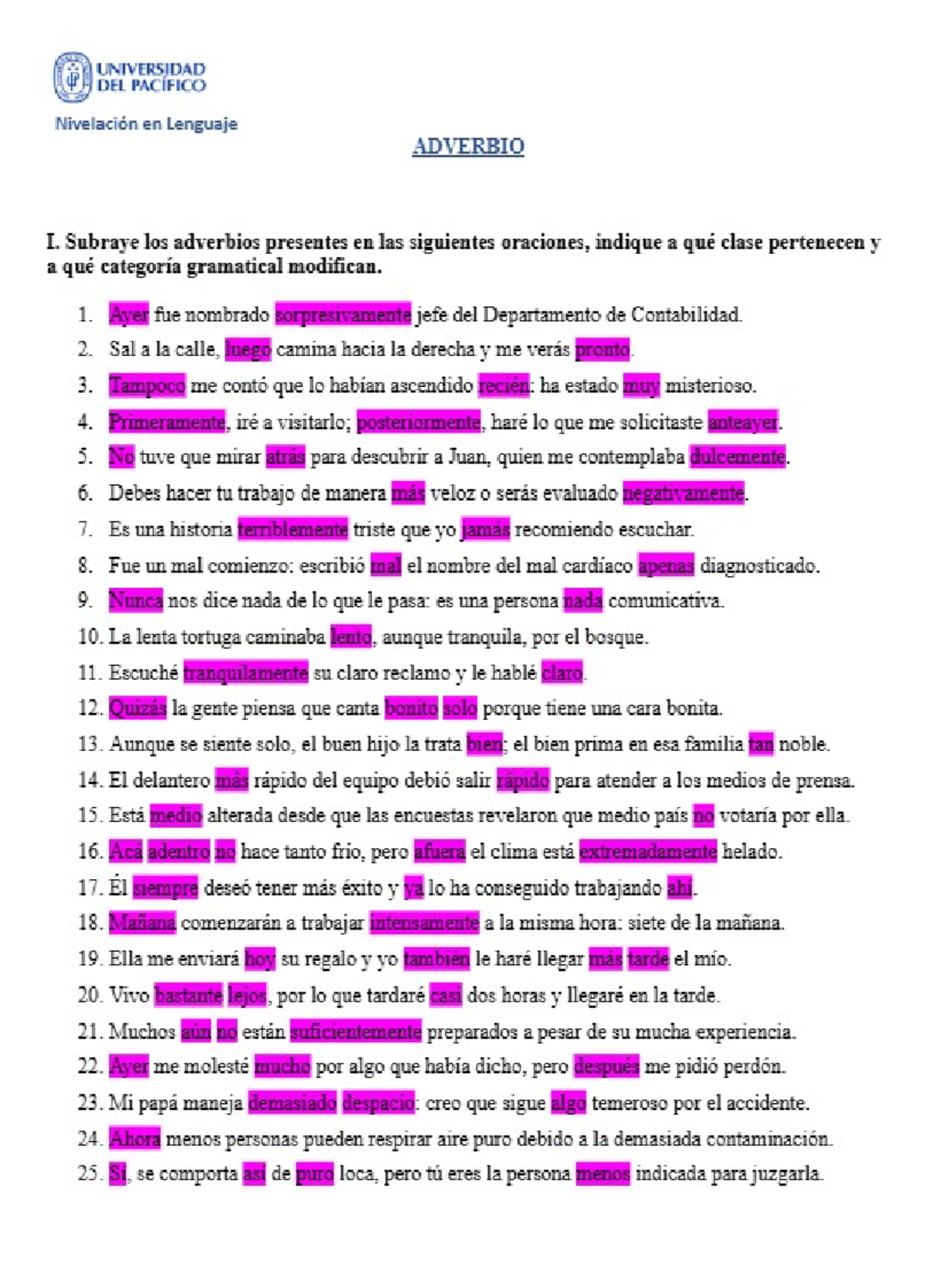 Ejercicios UP - UNIVERSIDAD DEL PACÍFICO Nivelación en Lenguaje ...