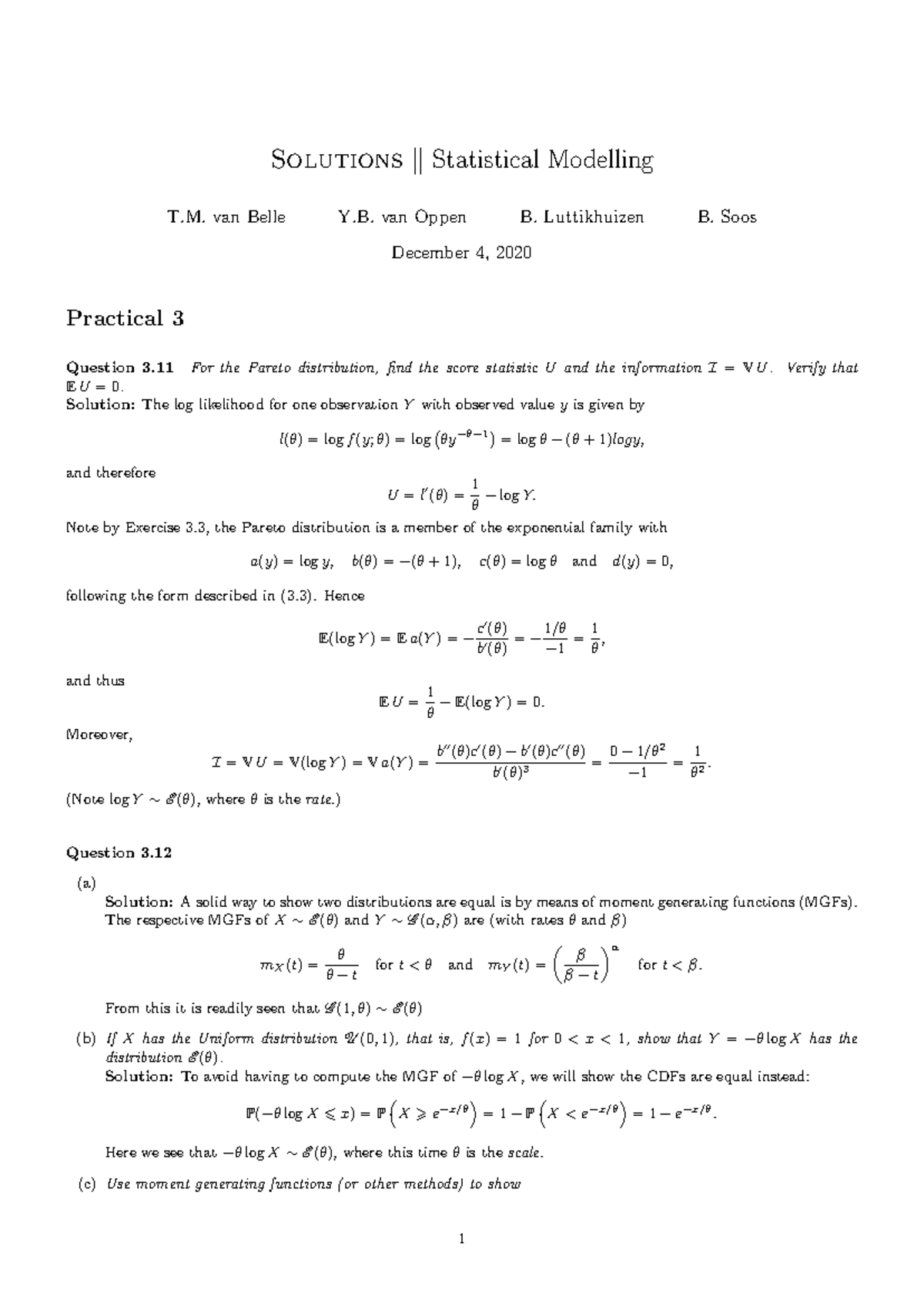 Statistical Modelling Tutorial 3 Solutions (Dec 2020) - Studeersnel