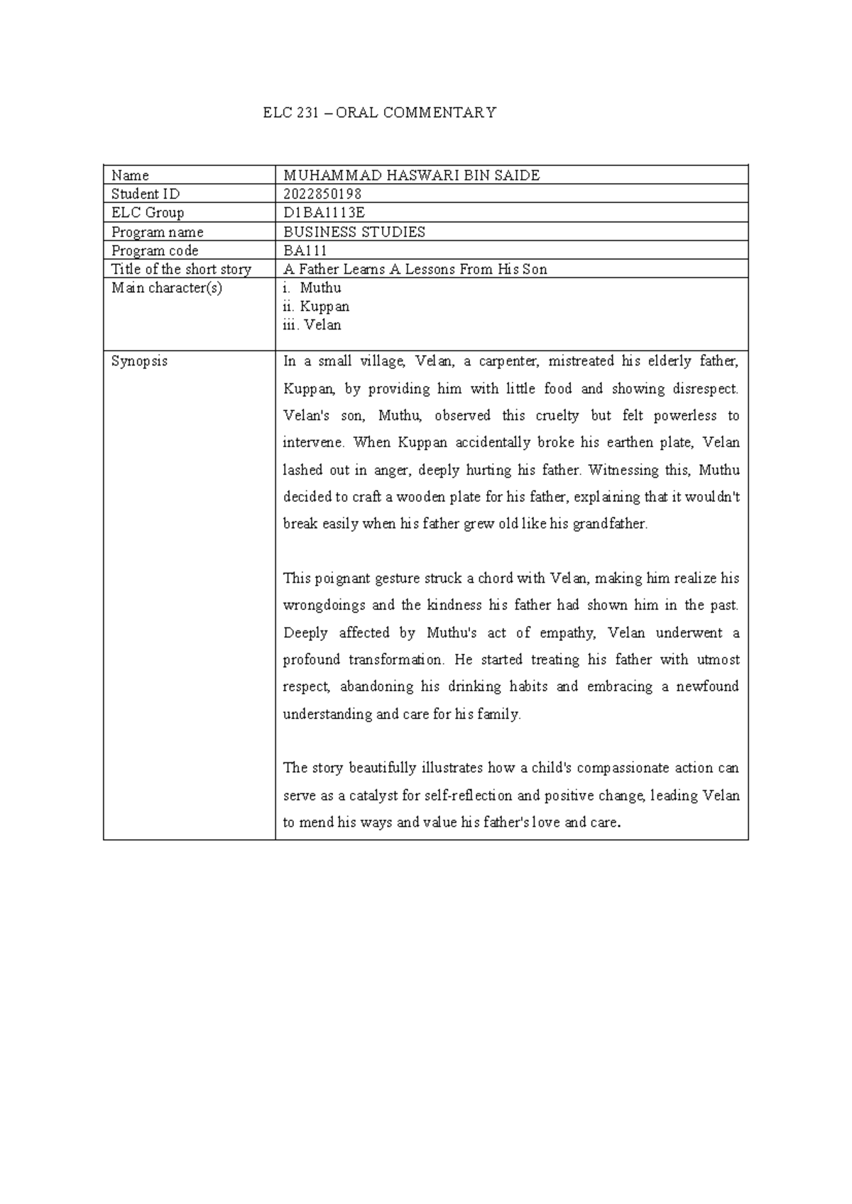 ELC 231 Short Story - Assignment ELC 231 - ELC 231 – ORAL COMMENTARY ...