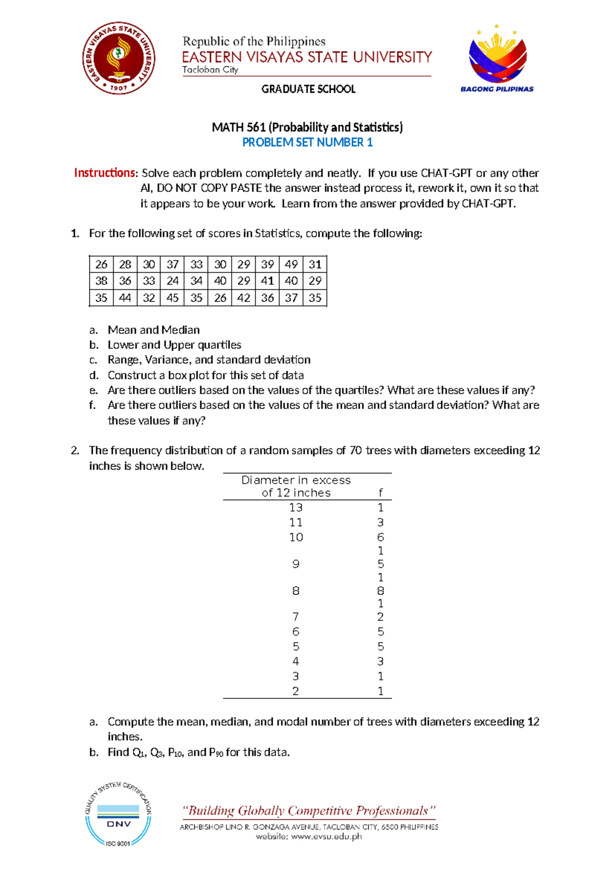 Problem Set 1 - PS1 - MATH 561 (Probability and Statistics) PROBLEM SET ...