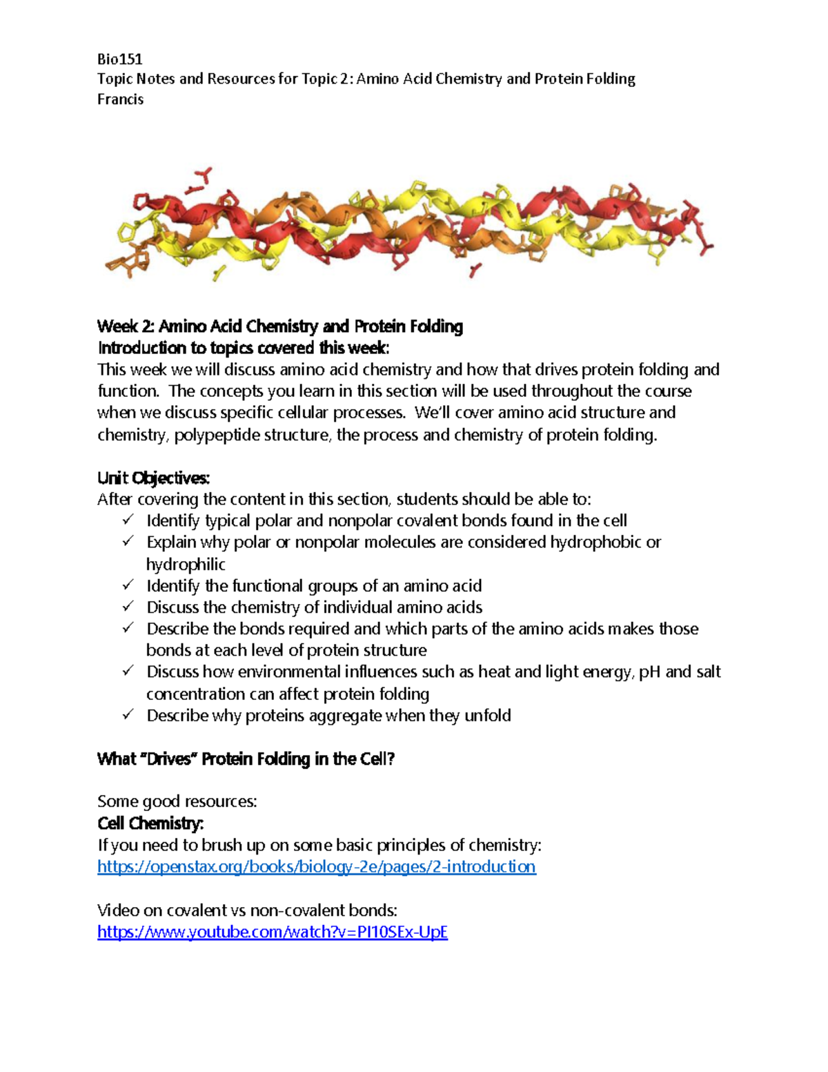 Bio151 Topic 2 Notes: Amino Acid Chemistry & Protein Folding Basics ...