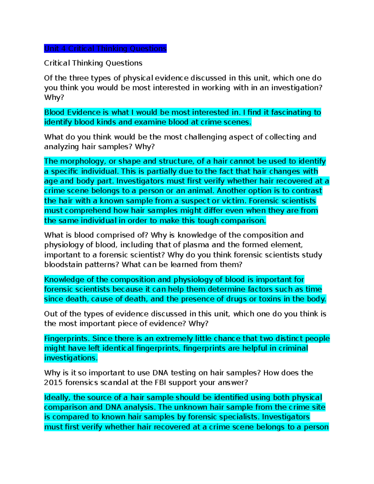 Unit 4 Forensic Science: Critical Thinking Questions Insights - Studocu