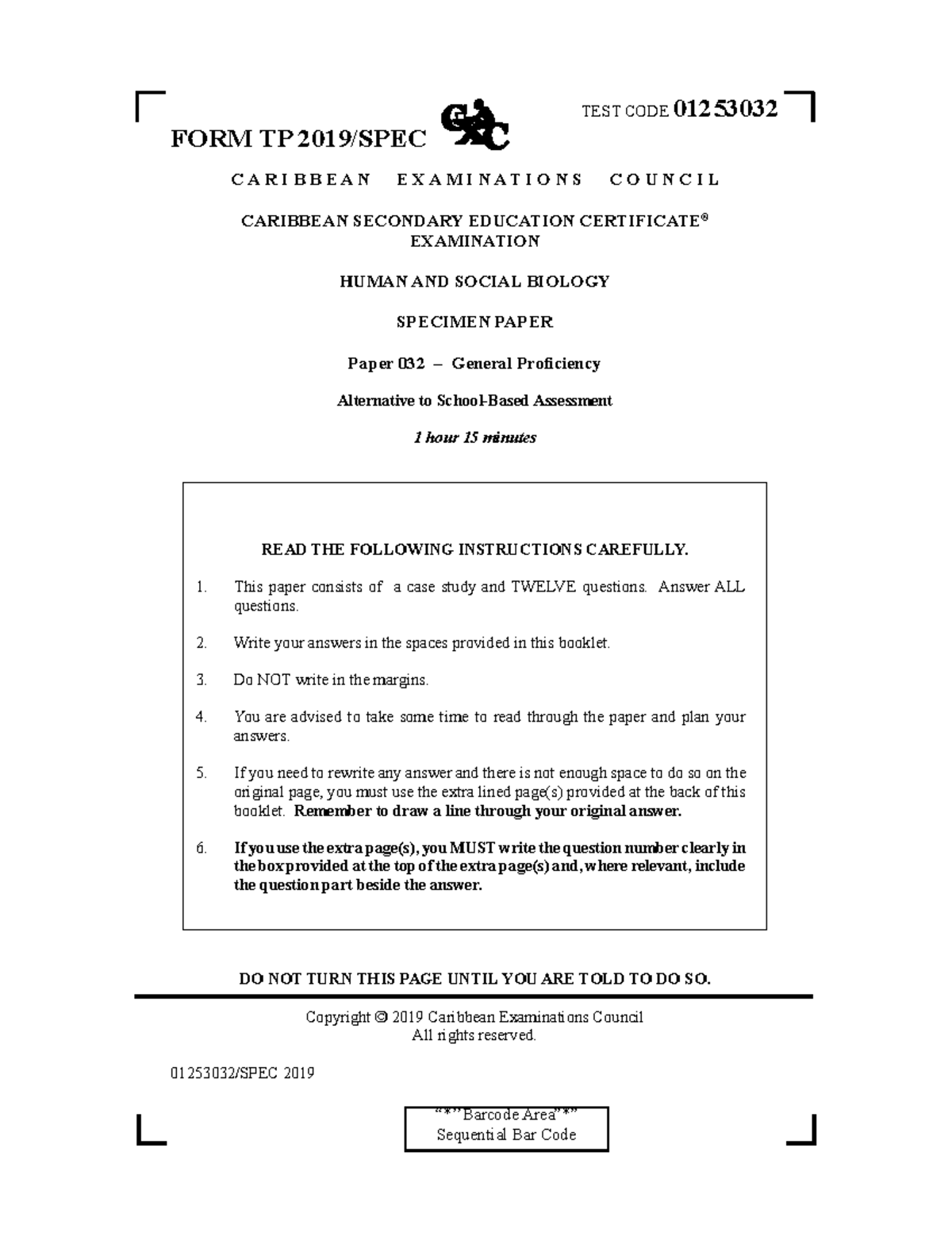 CSEC HSB P3 2019 Specimen Paper: Case Study on Water Quality - Studocu