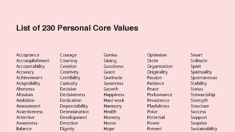 List of 230 Personal Core Values: Insights & Meanings - Studocu