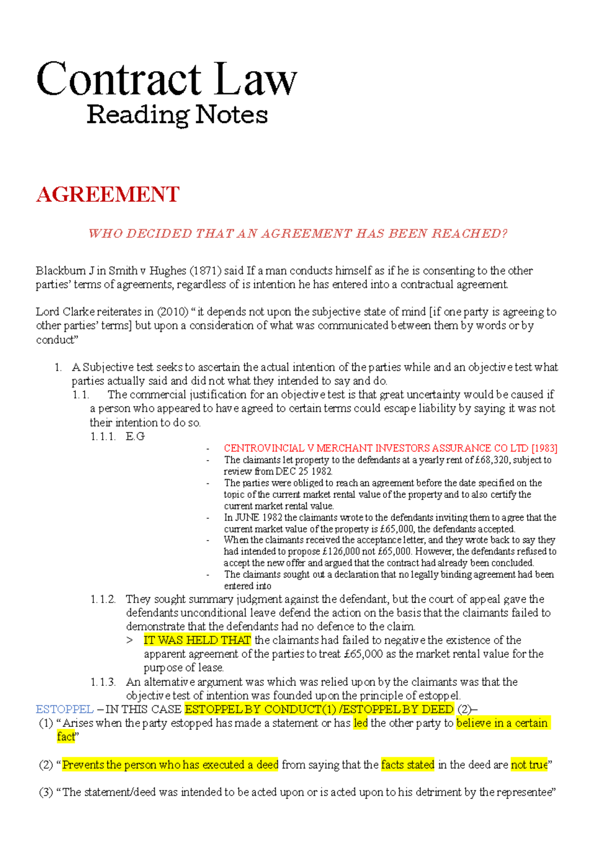 Contract Law Reading Notes - Contract Law Reading Notes AGREEMENT WHO ...