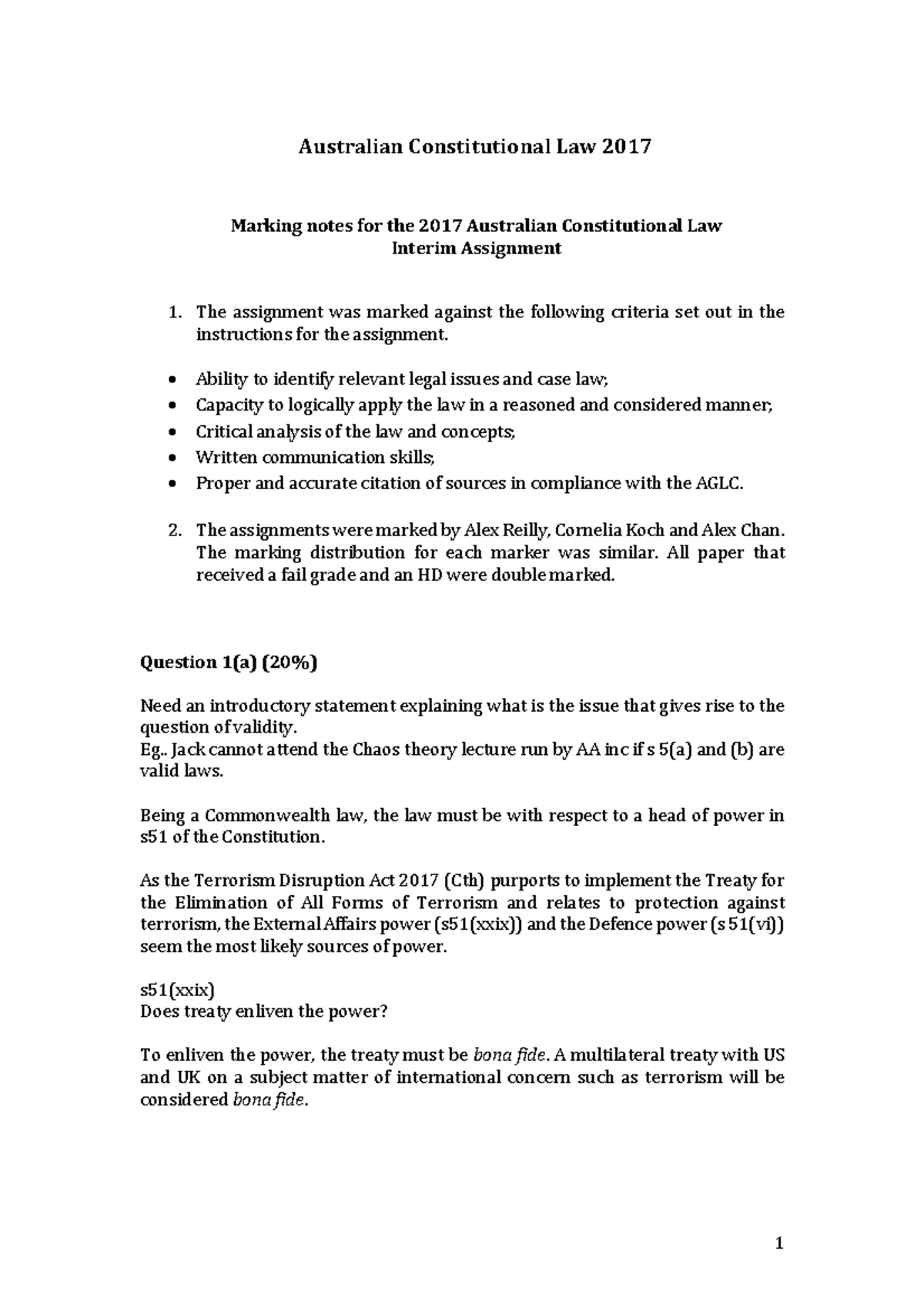 Australian Constitutional Law 2017: Interim Assignment 1 Marking Notes ...