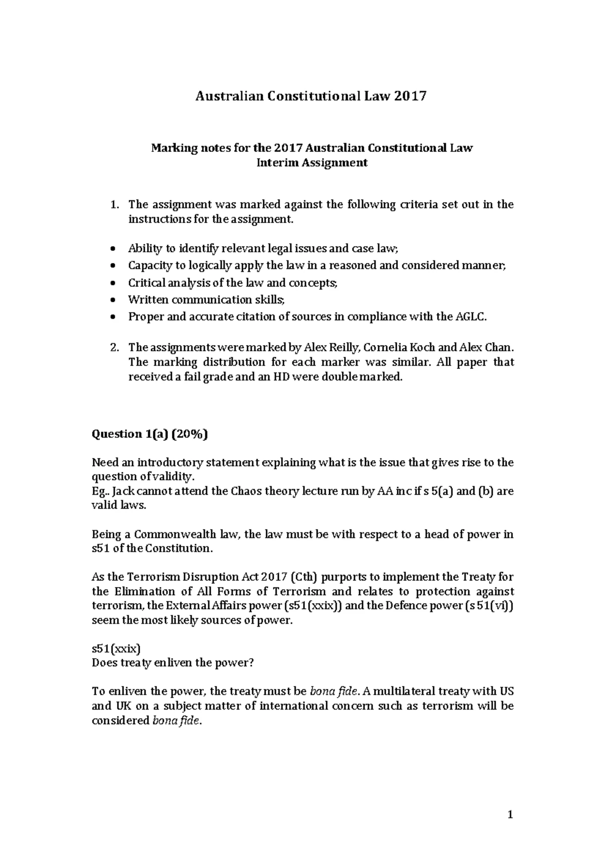 Australian Constitutional Law 2016 Interim Assignment Feedback Notes ...