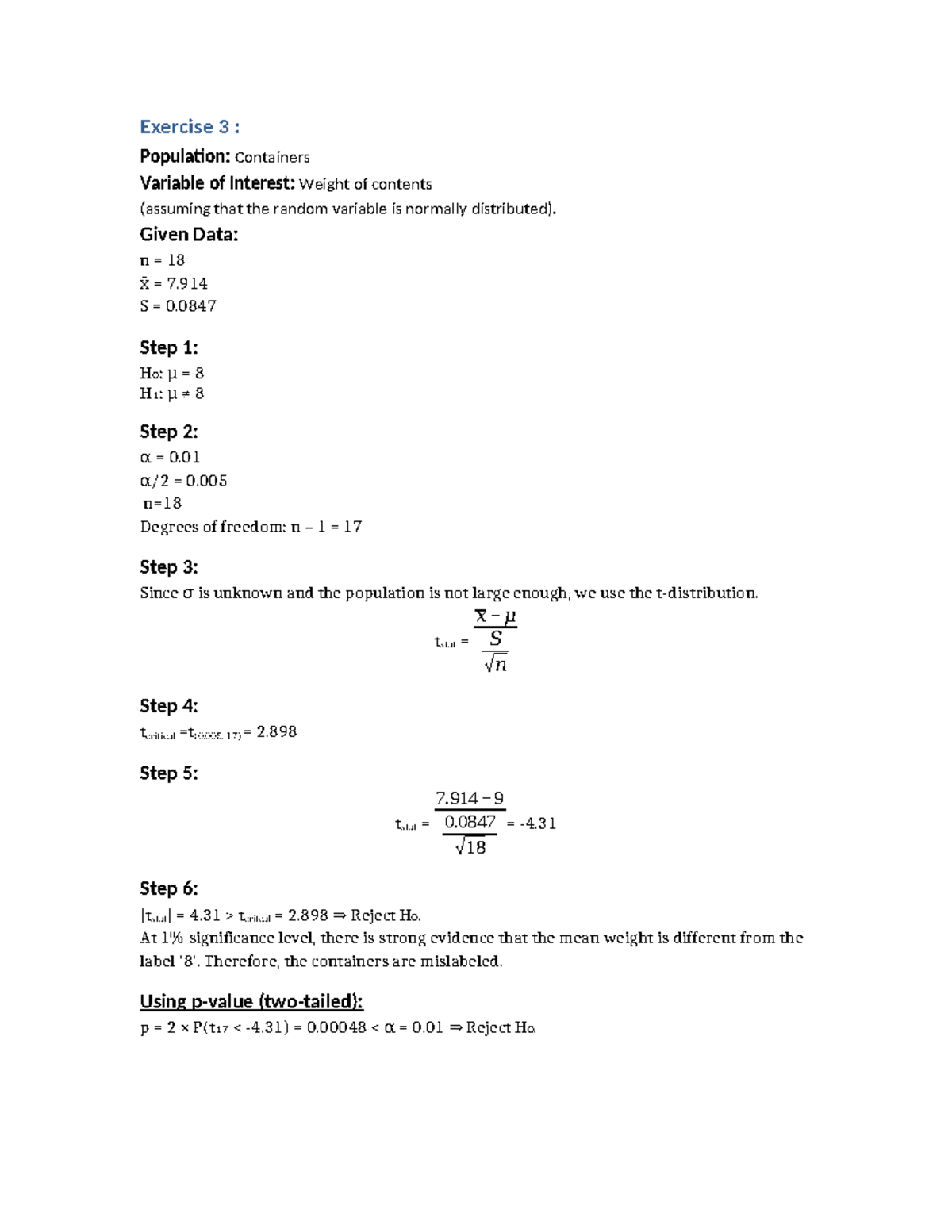 Stat 2 Assignment 3: Analyzing Container Weight Data - Studocu