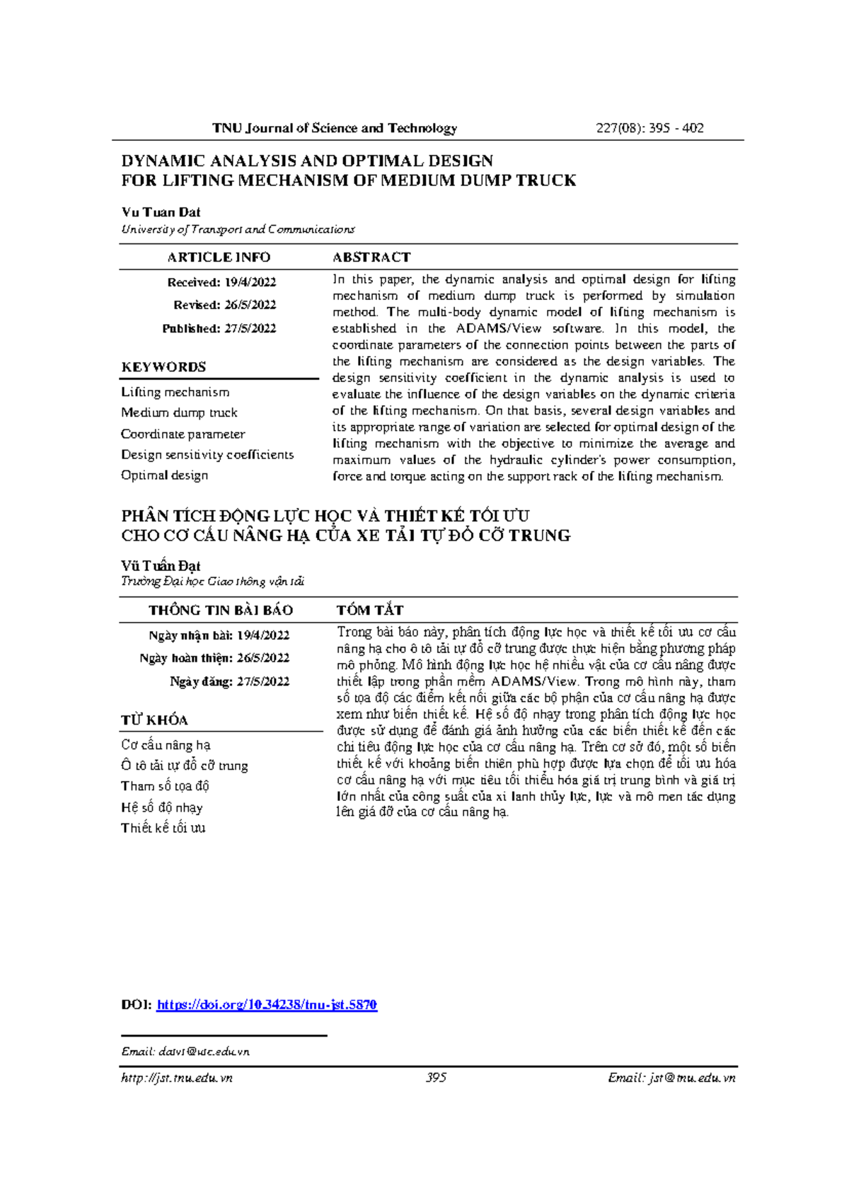 Dynamic Analysis and Optimal Design of Medium Dump Truck Lifting ...
