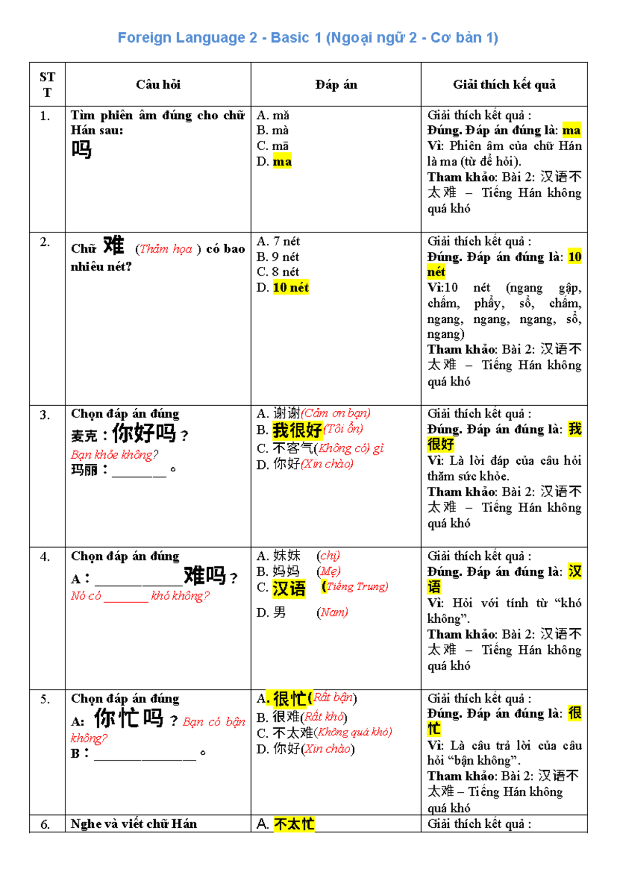 Foreign Language 2 - Summary of some questions and answers - Foreign ...