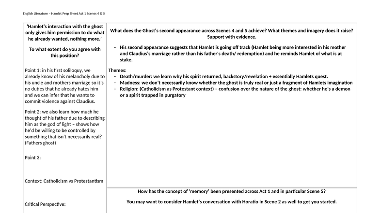 Hamlet Prep Sheet (ENG 101): Act 1 Scenes 4 & 5 Analysis - Studocu