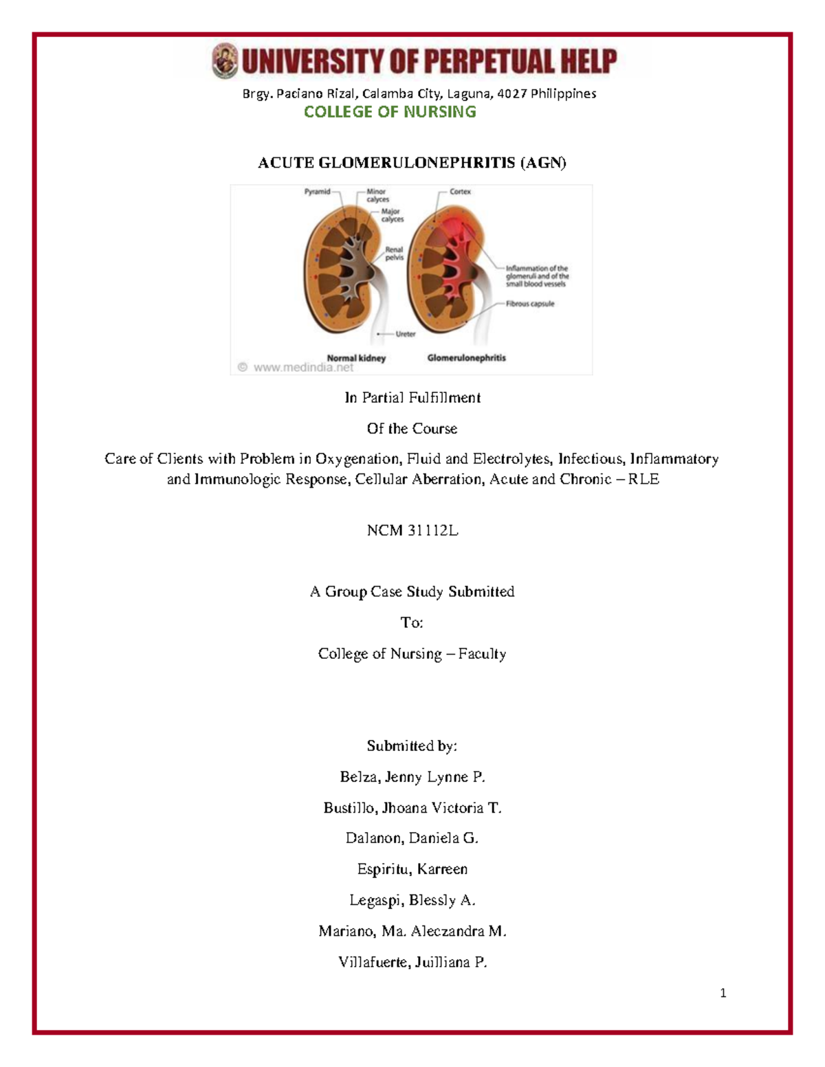 Final Case Study on Acute Glomerulonephritis (AGN) - NCM 31112L - Studocu