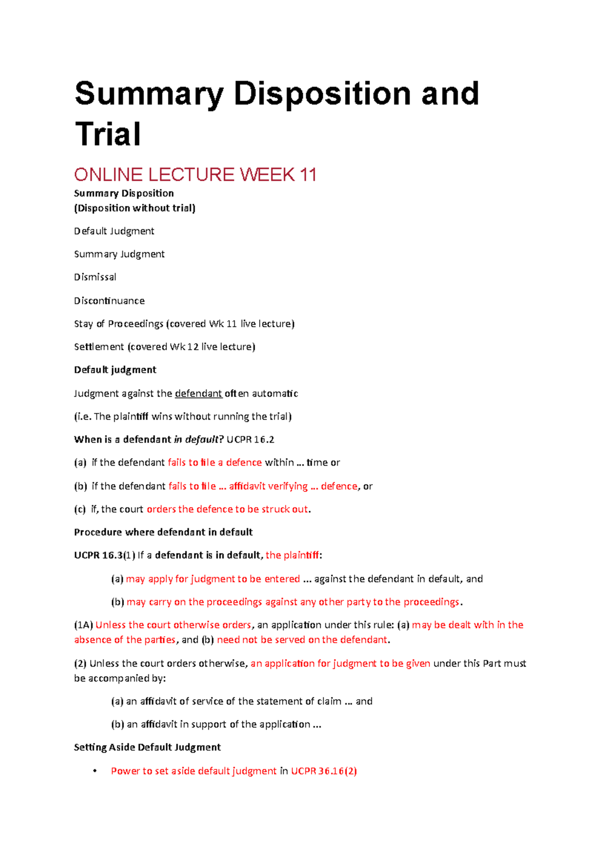Civil Procedure Week 11 and 12 Online - Summary Disposition and Trial ...