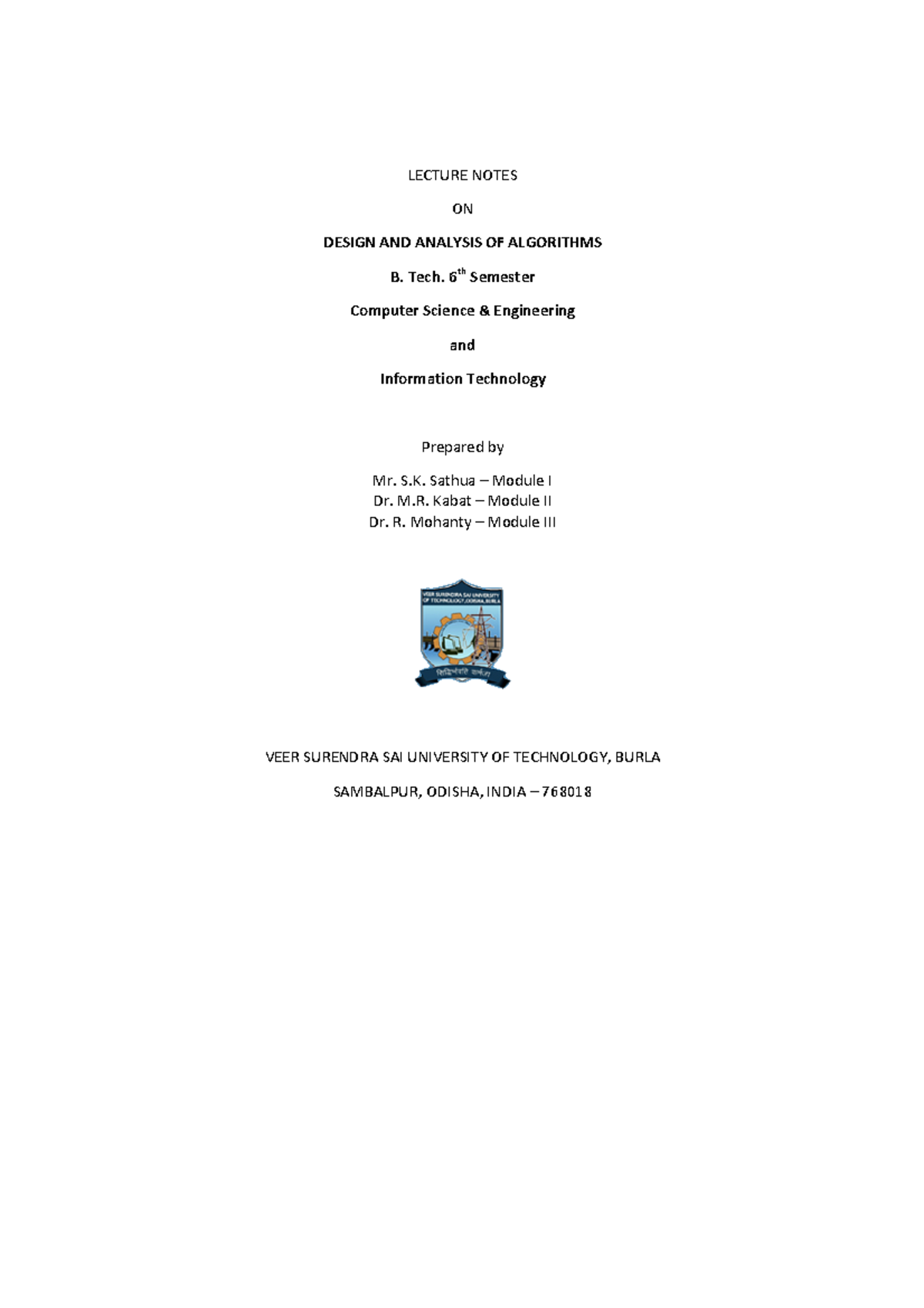 DAA_lecnotesiit - LECTURE NOTES ON DESIGN AND ANALYSIS OF ALGORITHMS B ...