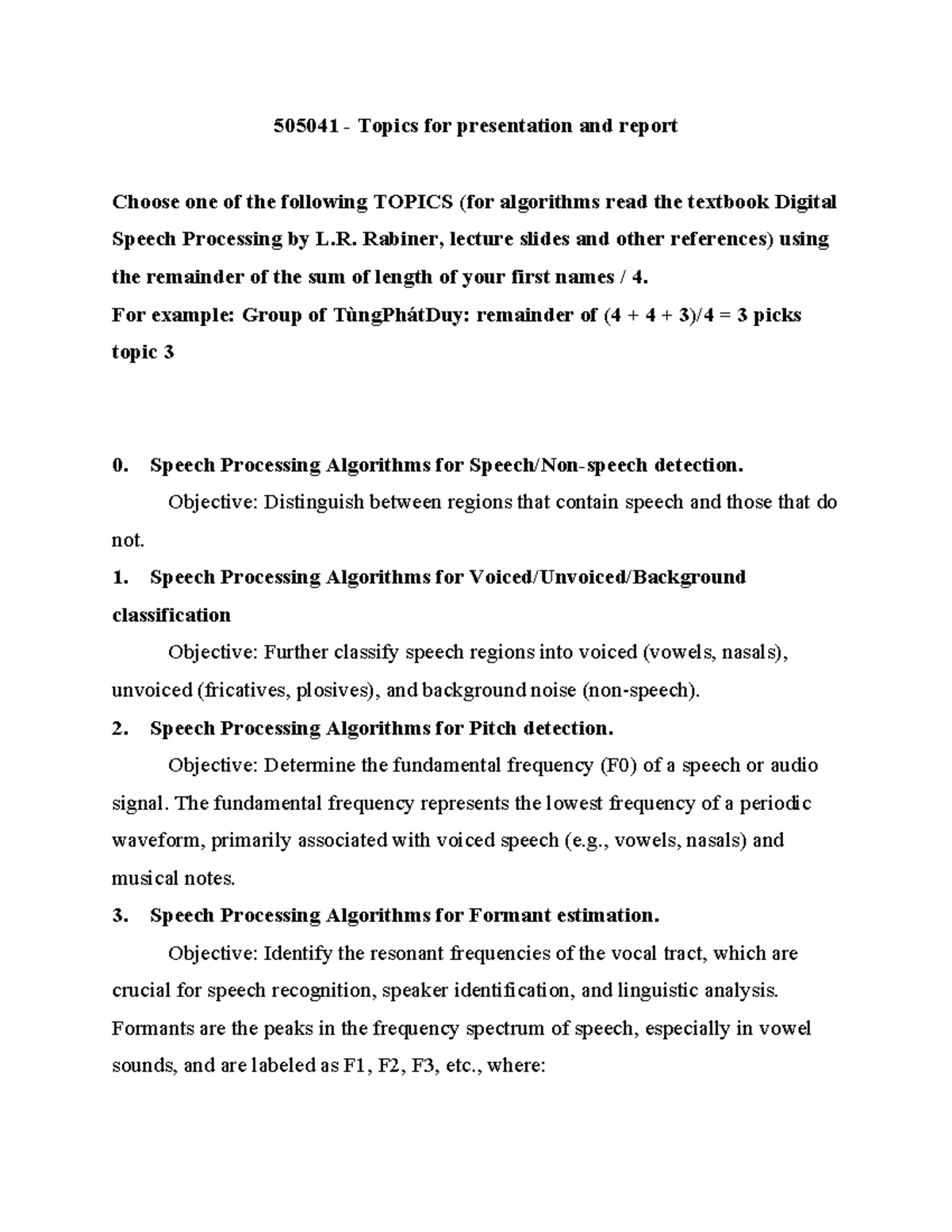 505041 Final Report Topics on Speech Processing Algorithms - Studocu