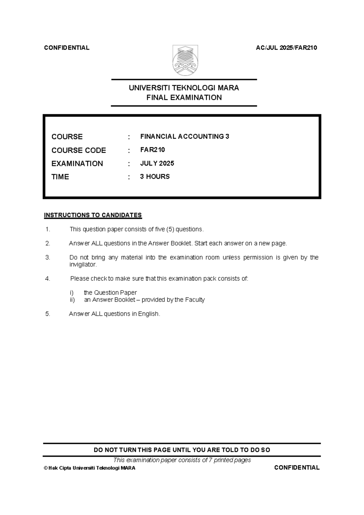 FAR210 - Financial Accounting 3 Final Exam Paper - July 2025 - Studocu