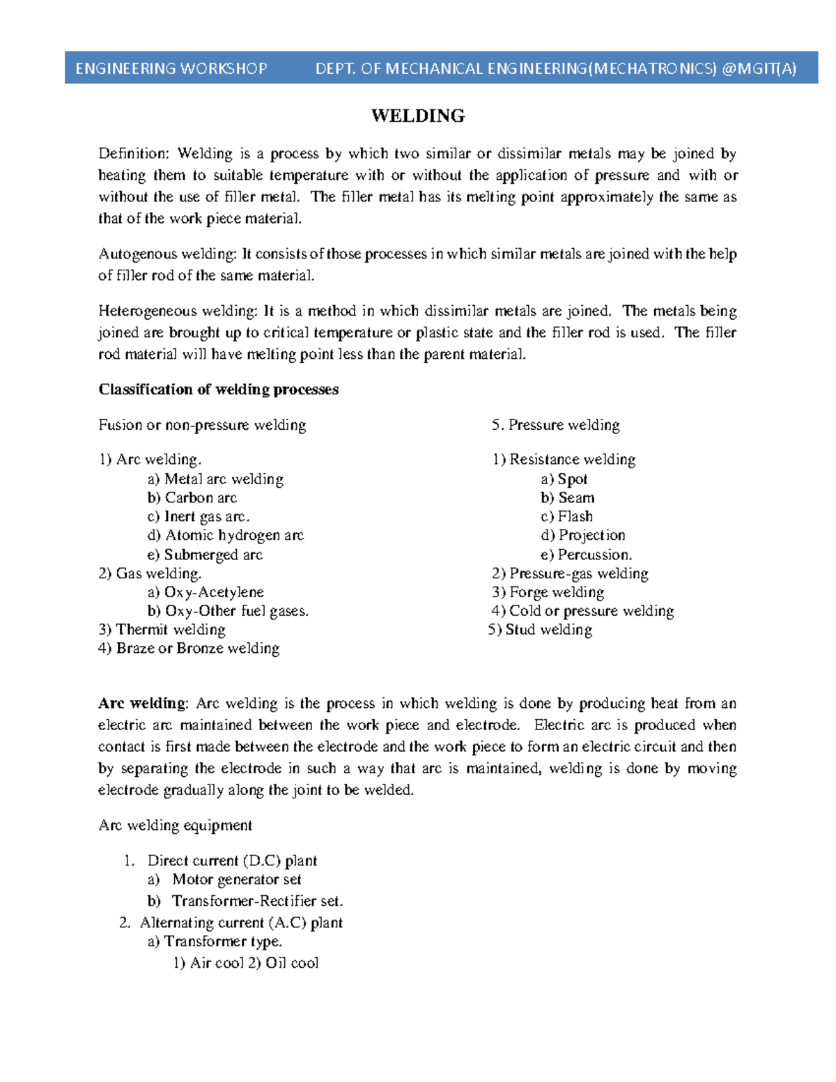 Manual EWS B Tech I Semester AY 2024-25 Part 2 - WELDING Definition ...