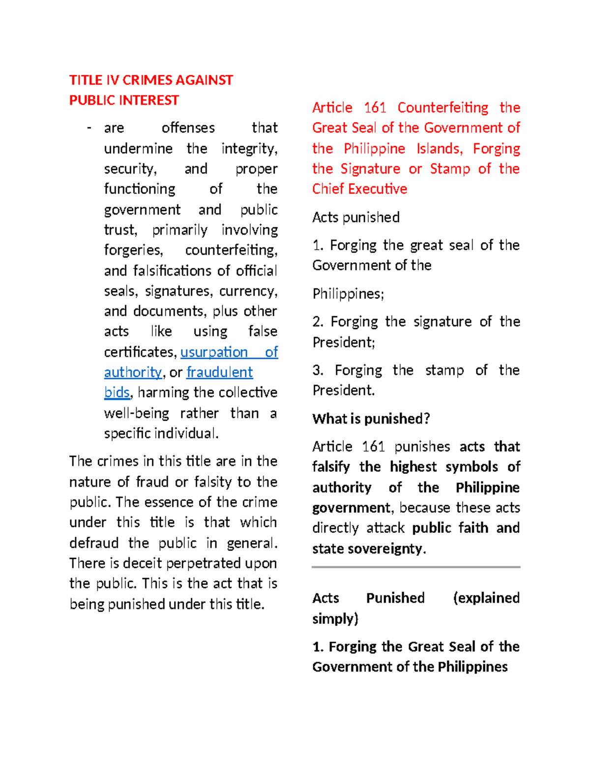 Title IV: Crimes Against Public Interest (Articles 161-169) Overview ...