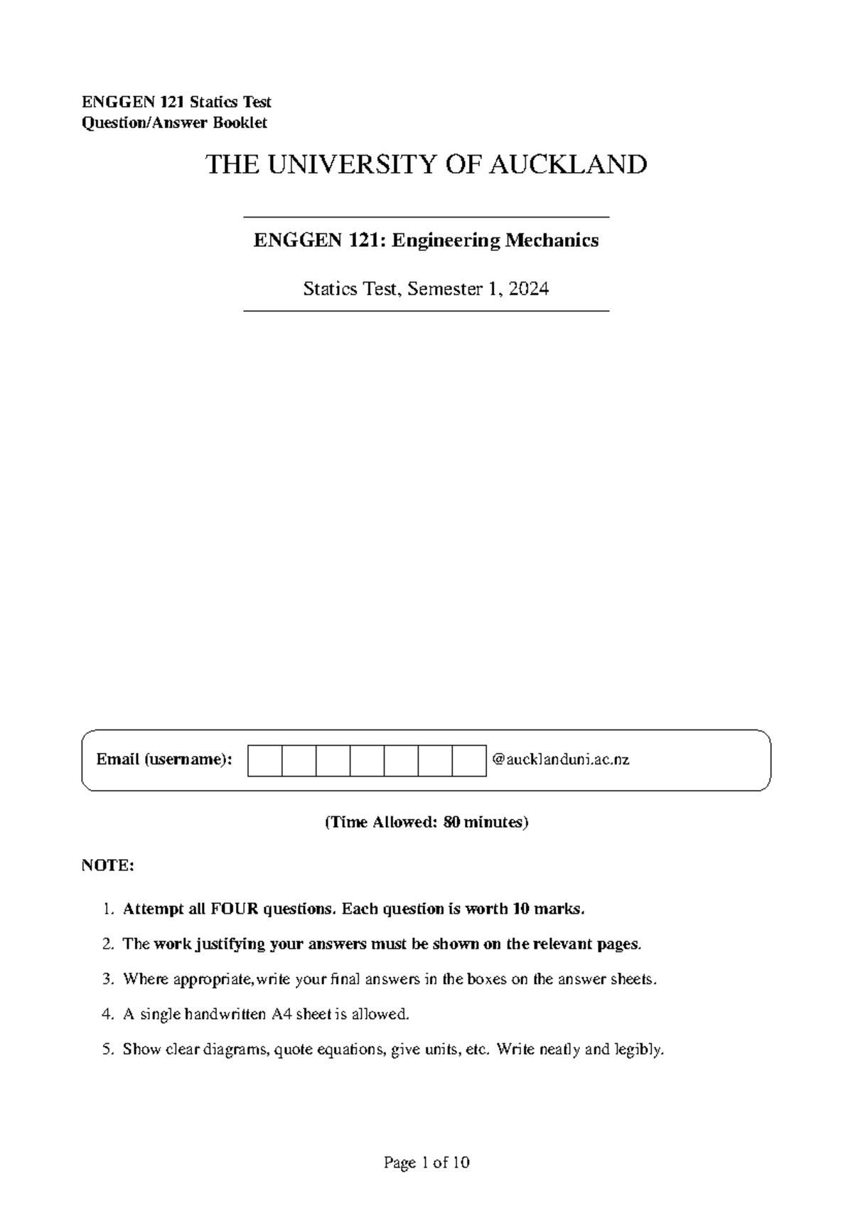 ENGGEN 121: Statics Test Booklet - Semester 1, 2024 - Studocu