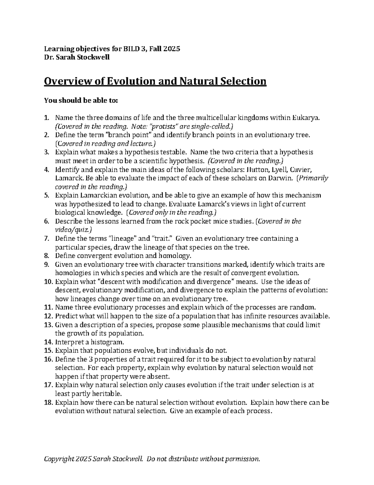 BILD 3 Learning Objectives: Evolution & Natural Selection - Studocu