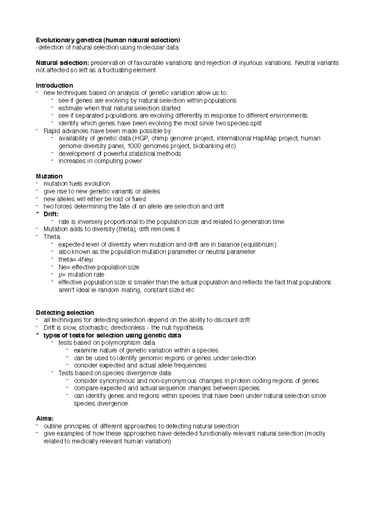 BIOL0034 Final Exam Study Notes: Evolutionary Genetics and Natural ...