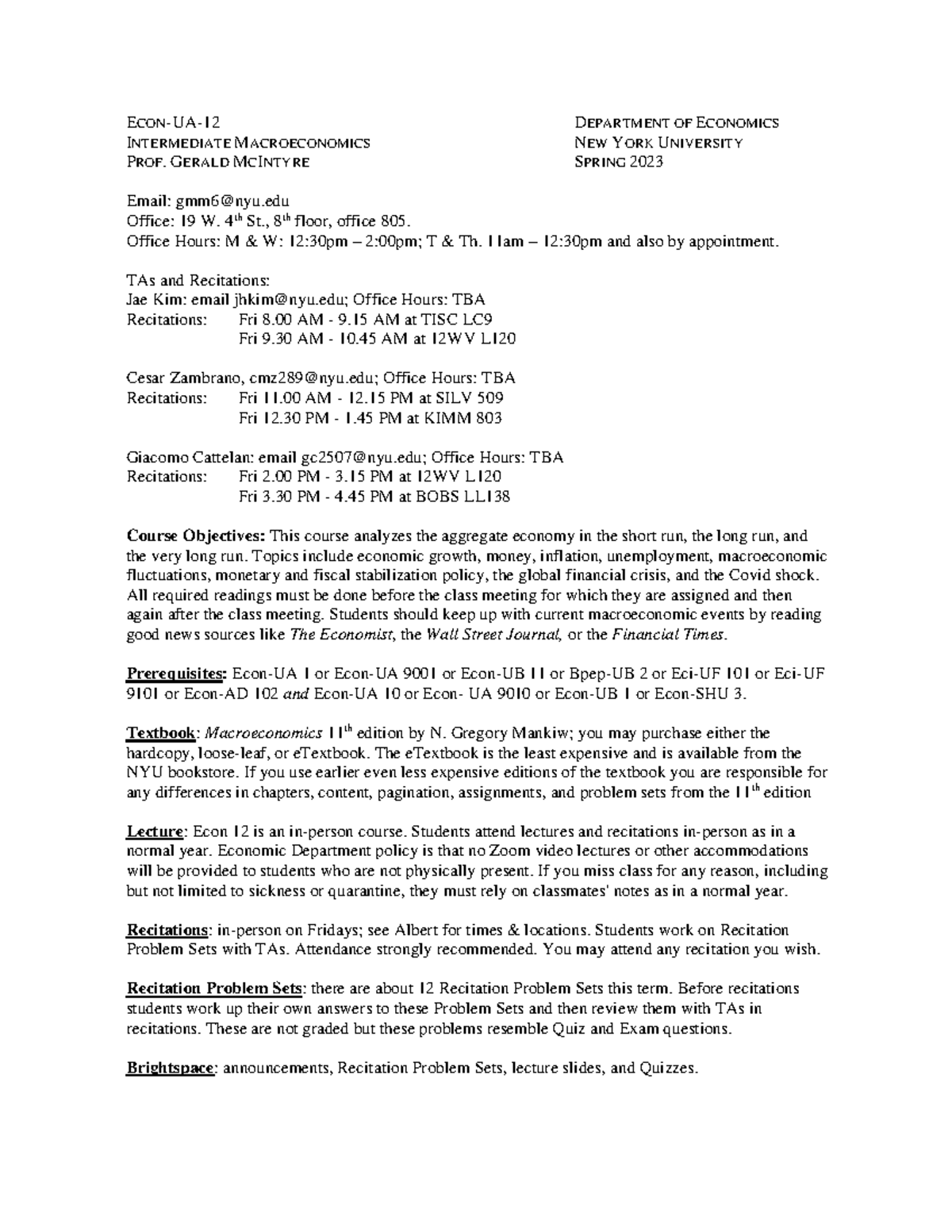 Econ 12 Syllabus: Intermediate Macroeconomics Spring 2023 - Studocu