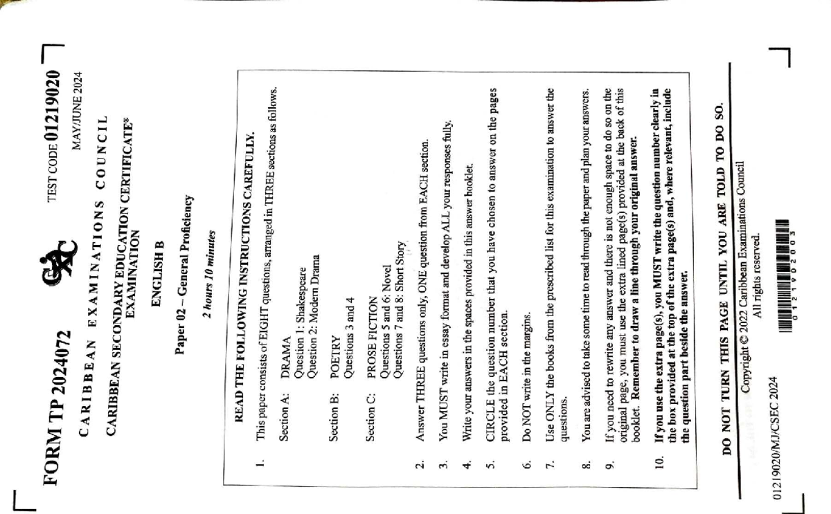 CSEC English B May 2024 Paper 2 Exam Notes - Studocu