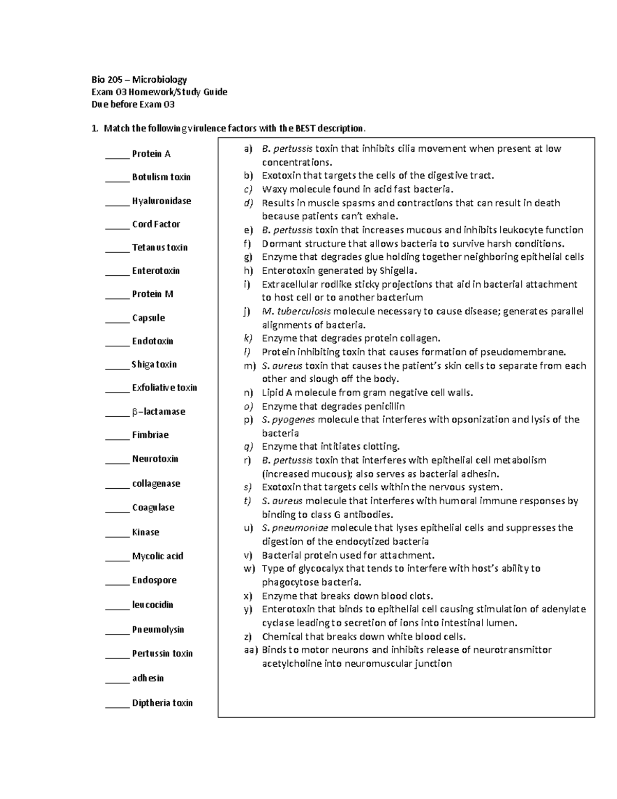 Bio 205 Exam 03 Homework Study Guide on Virulence Factors and Pathogens ...