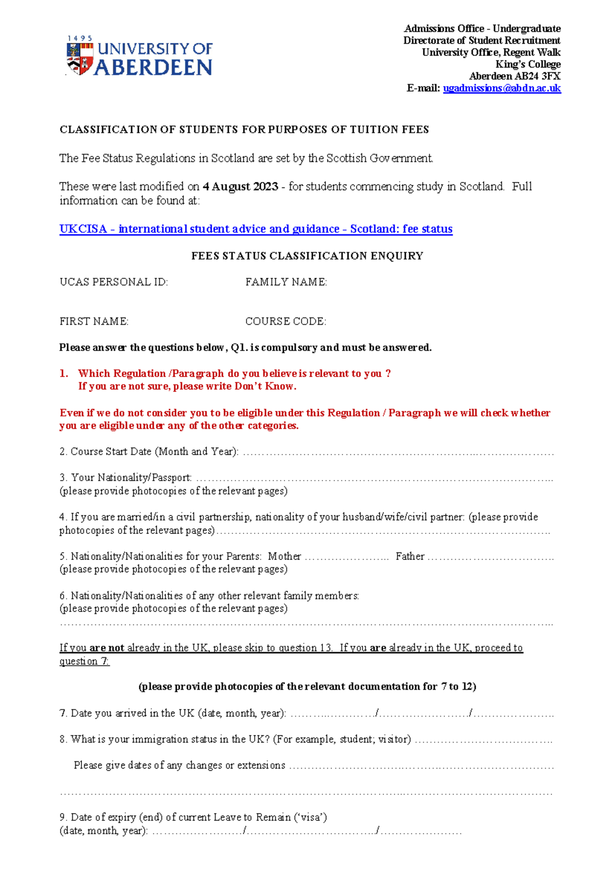 Fee Classification Information for Applicants - Tuition Status Form ...