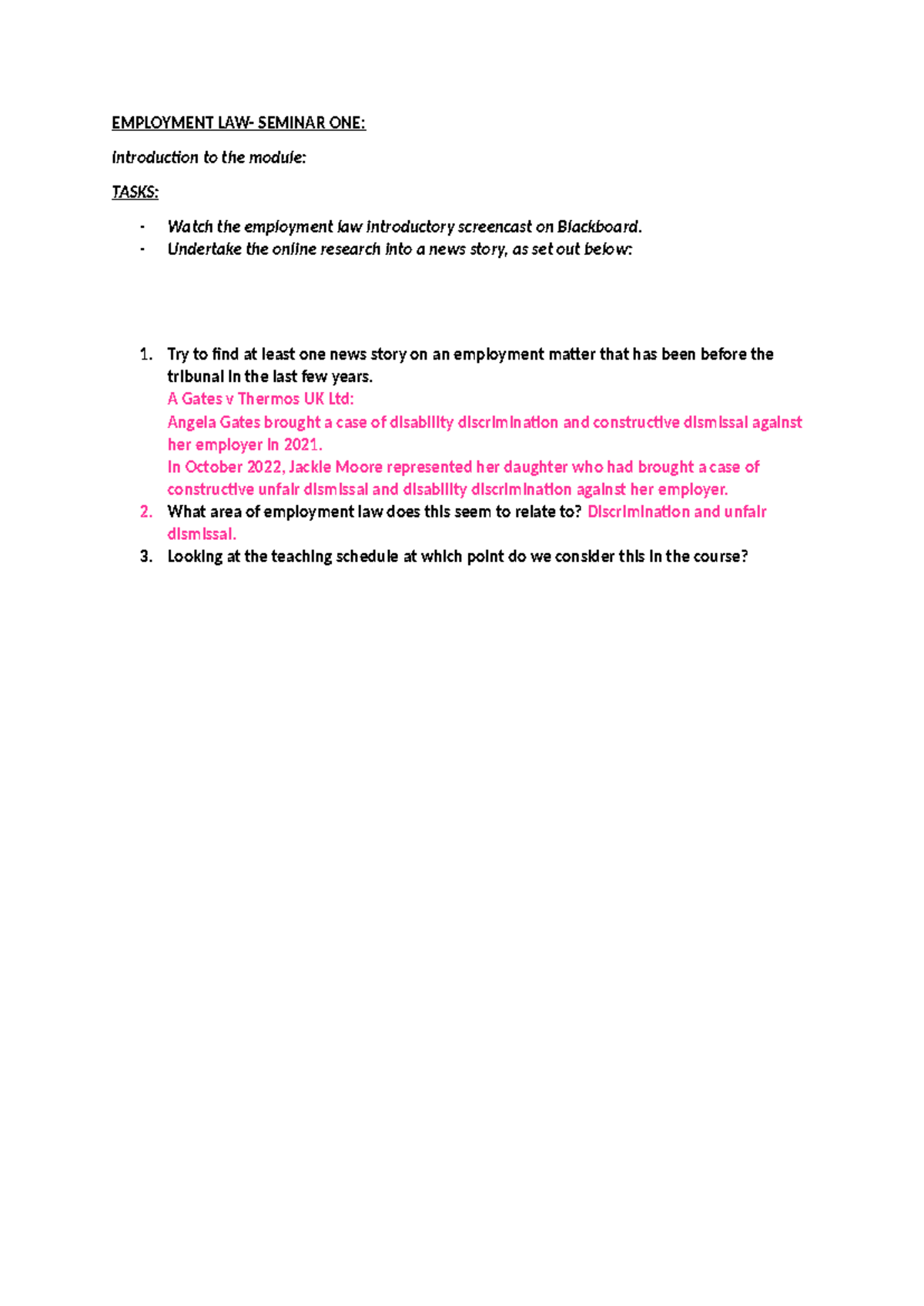 Employment Law Seminar 1: Overview of Discrimination Cases and Tasks ...