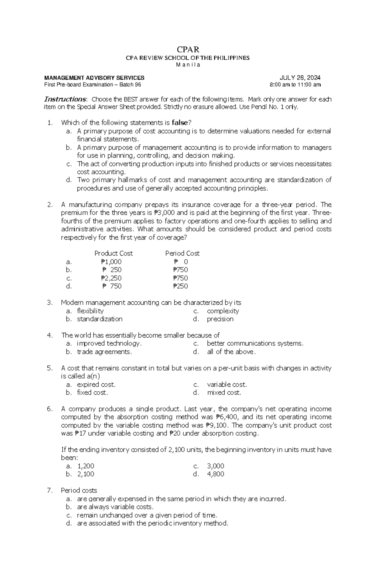 Batch 96 CPA FAR First Preboard Exam Solutions and Explanations - Studocu