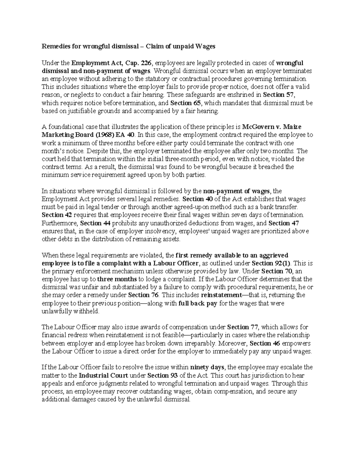 Remedies for Wrongful Dismissal & Unpaid Wages: Employment Act Cap. 226 ...